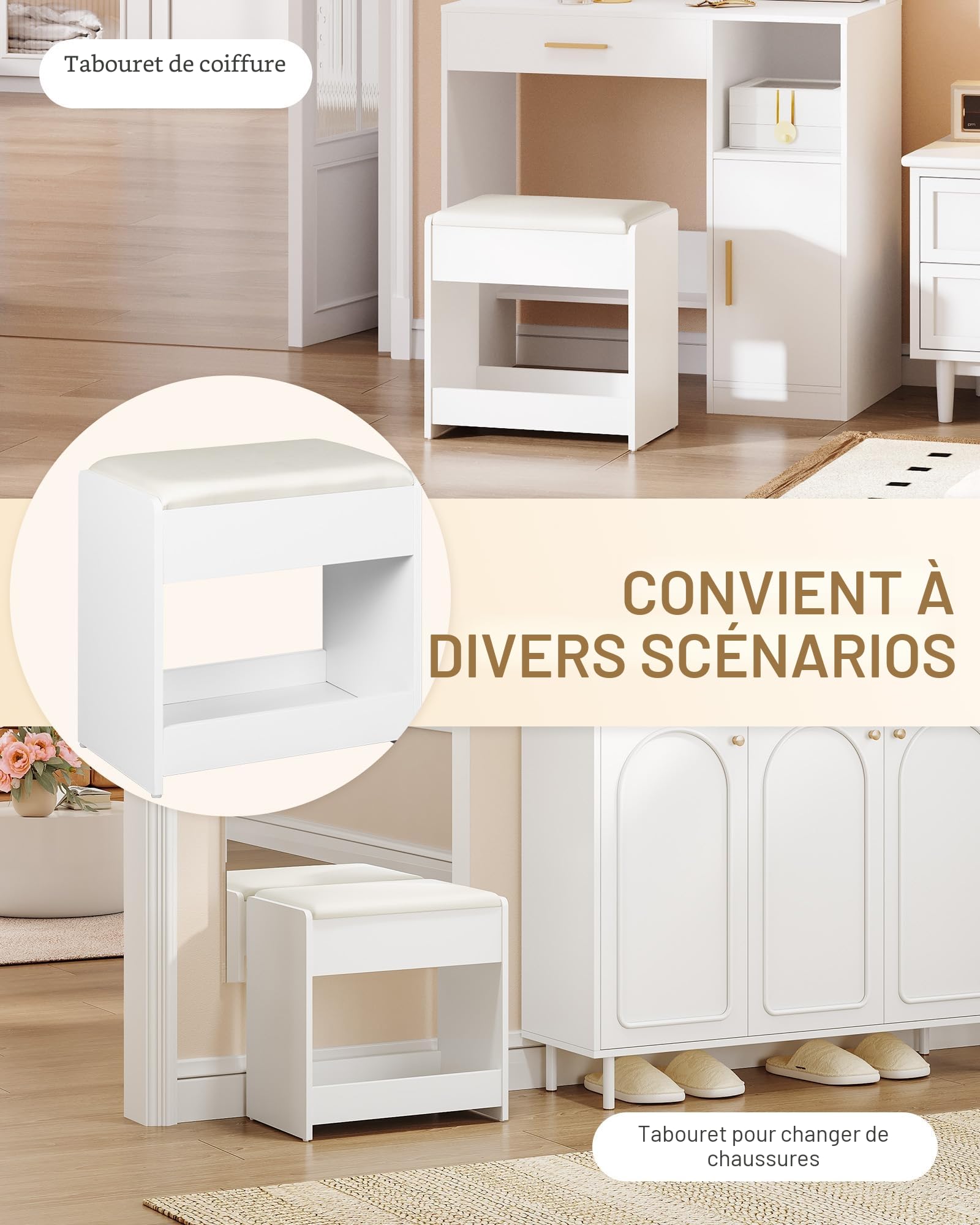 Hzuaneri Tabouret de Coiffeuse, Chaise Rembourrée de Maquillage, Repos-Pieds, Patins Antidérapants, pour Chambre, Dressing, Entrée