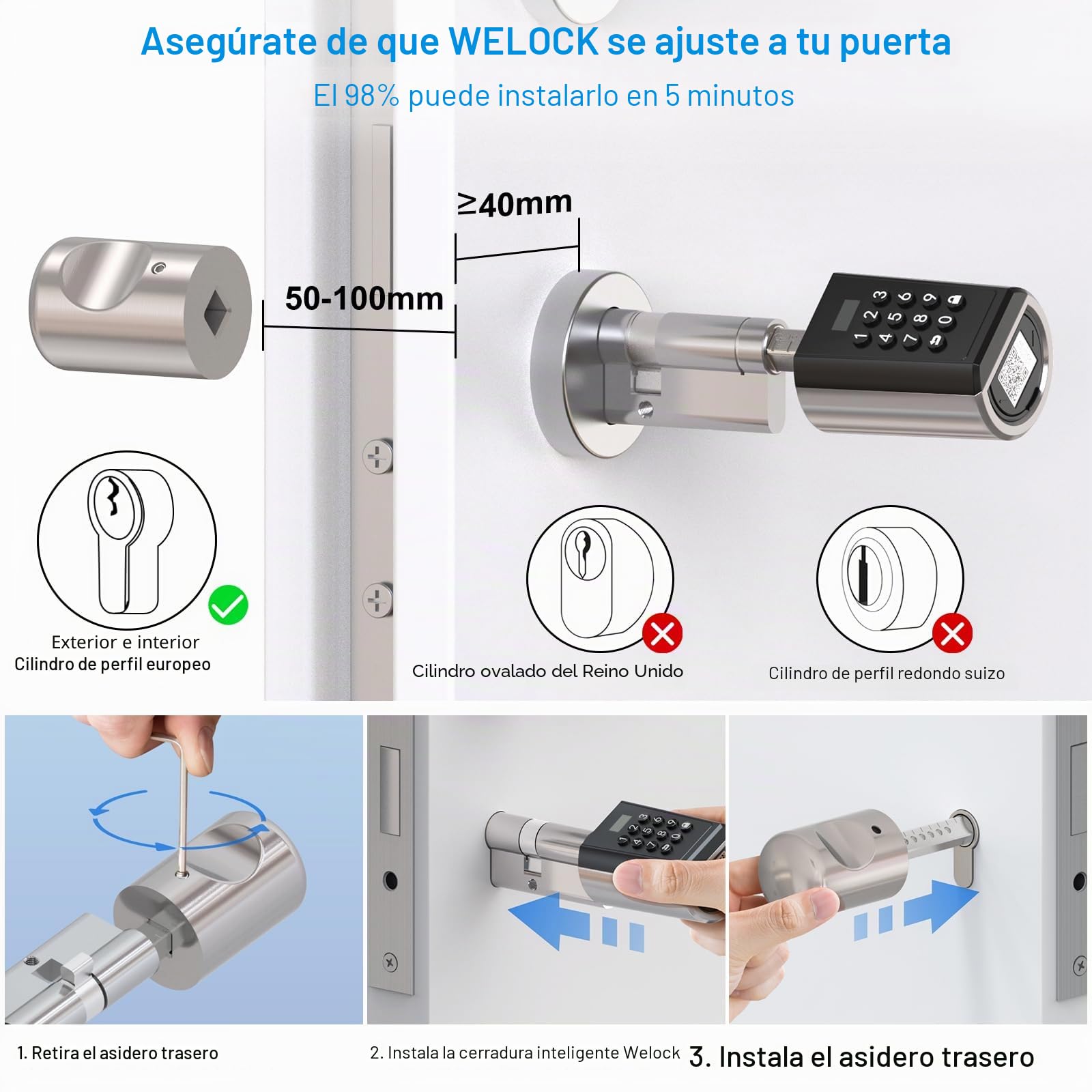 WELOCK Cerradura Electronica Cerradura Inteligente con Código, Bluetooth y WiFi, Smart Lock Fácil de Instalar Plata