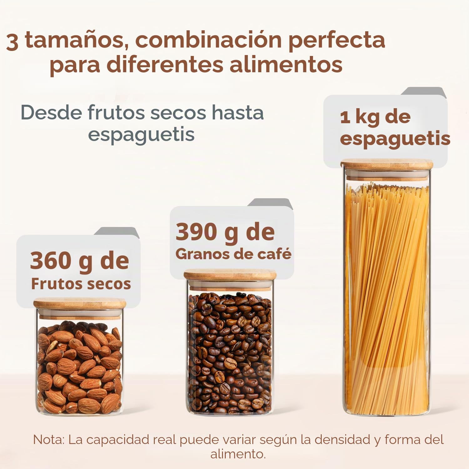 ComSaf Tarros de cristal con tapa 800–2100 ml, pack de 5 para cocina | Frascos de vidrio, Botes cocina almacenaje, Tapas de bambú, Cereales de desayuno, Premios para mascotas, Arena decorativa