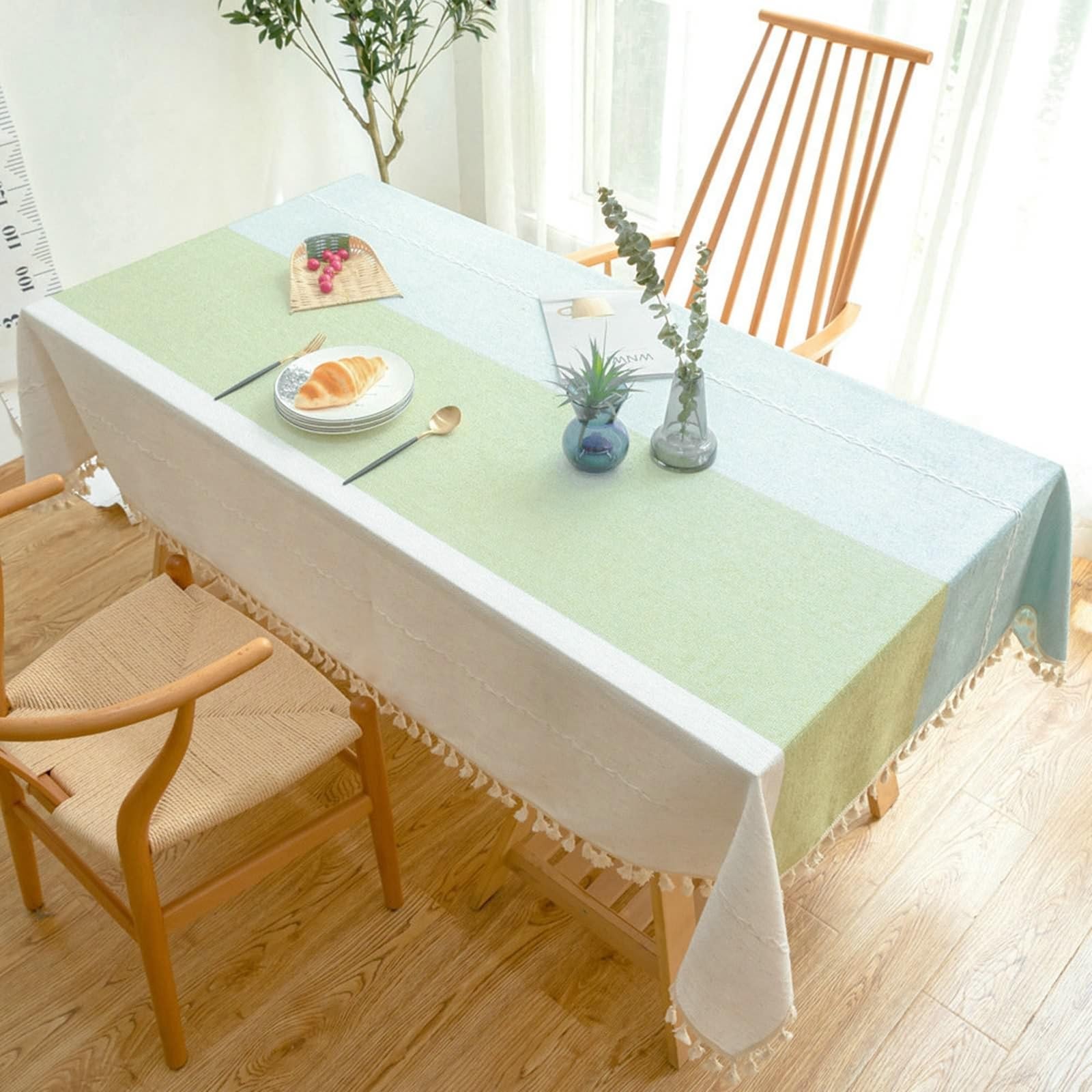 Manteles Rectangular, 140x220 cm, Blanco Verde Azul, Mantel Lino Algodón Rayas Jacquard, Lavable