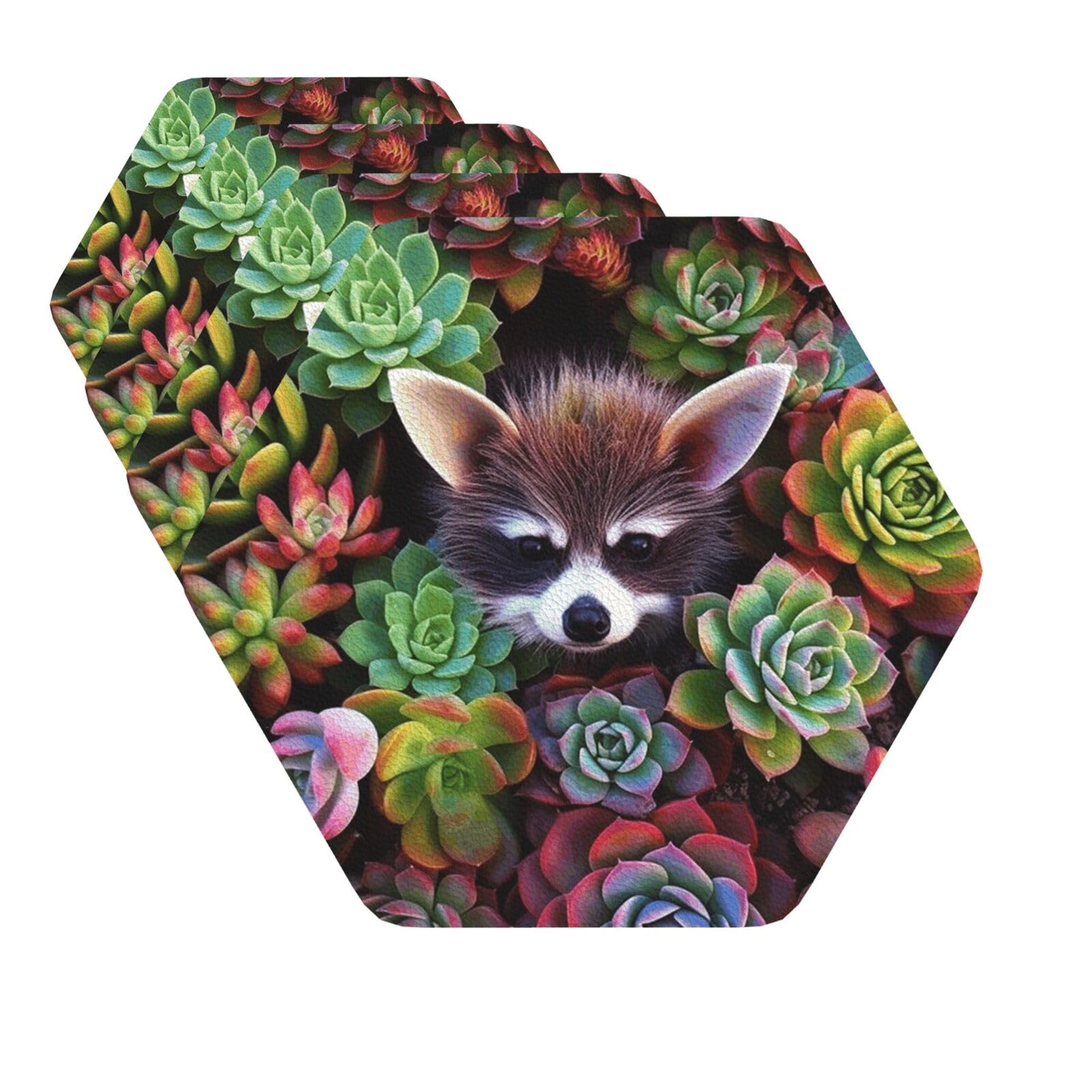 Drink Coasters Set of 4 Quick-Dry Leather Coaster Colorful Succulents Plants Coasters for Drinks Coffee Cup Mat Tabletop Protection Heat Resistant Coaster for Kitchen Bar Office Home Decor