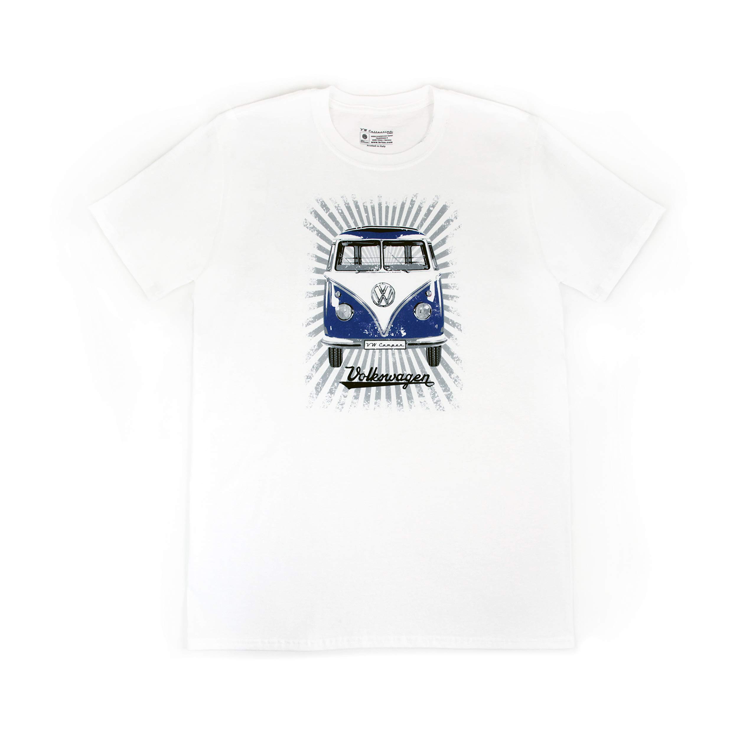 BRISA VW Collection - Volkswagen Unisex Short Sleeve T-Shirt with T1 Bus Campervan Motif in Cotton (Samba Stripes/Blue & White/Size L)