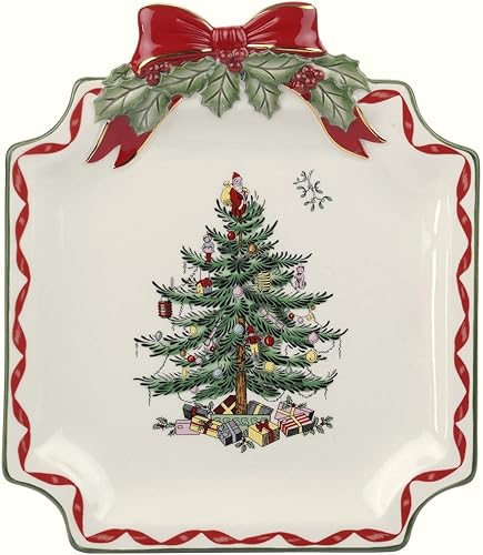 Spode Plato de canapé de la colección de cintas de árbol de Navidad Plato de servir de 6.5 pulgadas para postres aperitivos y golosinas navideñas