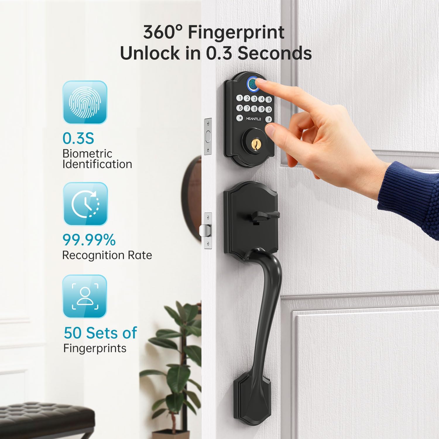Fingerprint unlock in 0.3 seconds with 99.99% recognition rate and support for 50 sets of fingerprints.