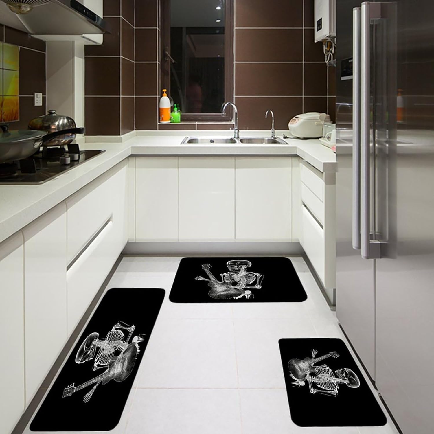 Abstract X-ray Skull Skeleton Playing Guitar Kitchen Mats Soft Absorbent Rugs for Floor Non Slip Washable Kitchen Mats Fashion Rectangular Rugs for Three-Piece Set for Laundry Office Home Sink