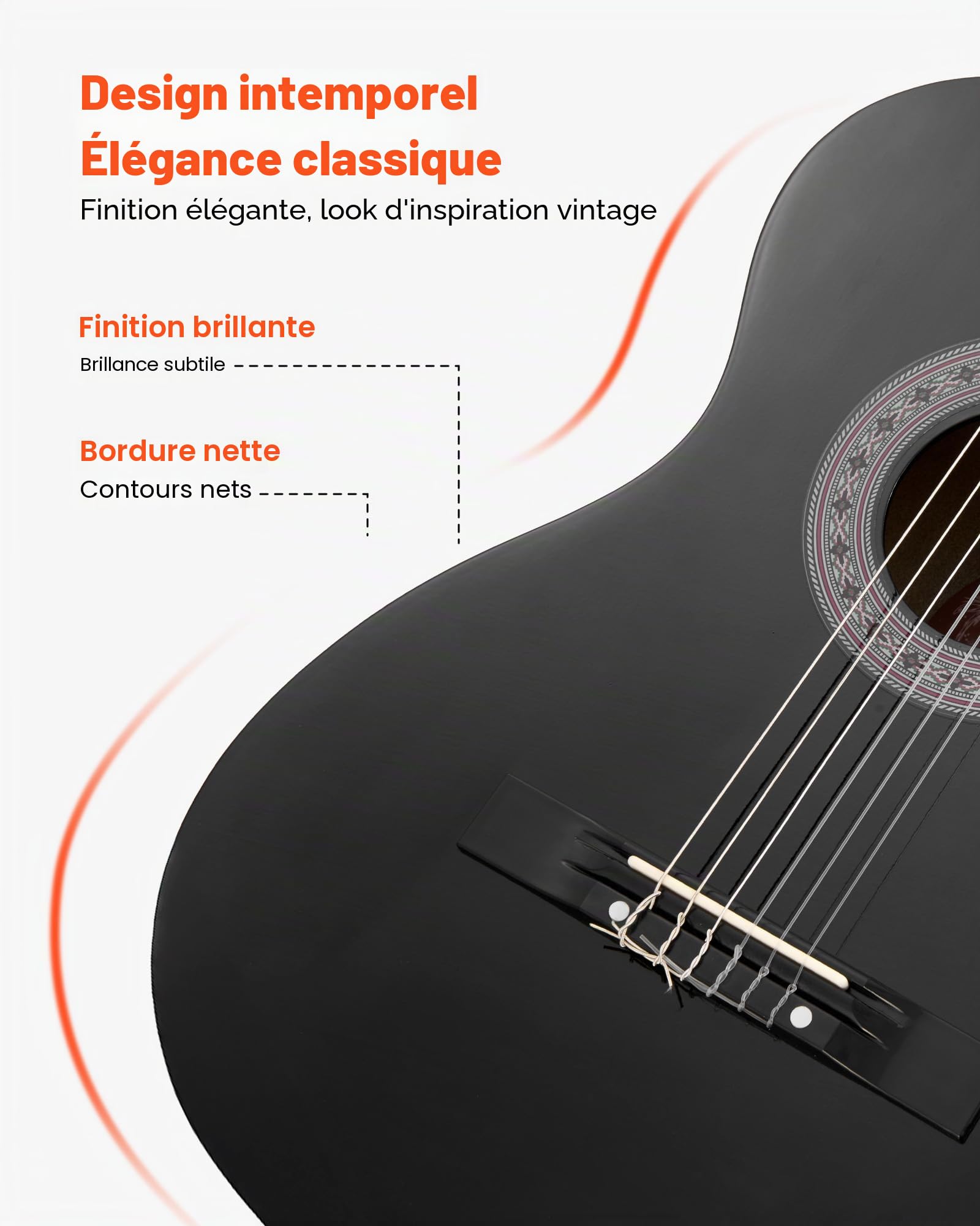 VEVOR Guitare Classique Débutants, 96 cm, avec Cordes Nylon, Housse de Transport, Sangle, Accordeur, Cordes Supplémentaires, Médiators, Capodastre, en Tilleul, pour Adolescent, Adulte, Étudiant, Noir