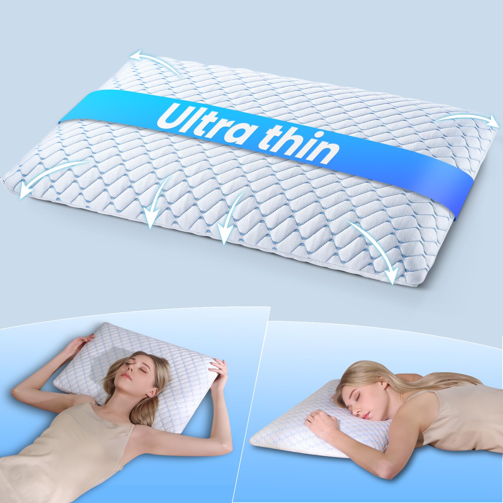 Wuly4ever Ultra Thin Memory Foam Pillow 2.25 inch for Stomach Sleepers, Low Profile Flat Pillow for Minimal Height Support, Slim Pillow With Removable Cooling Cover, 60×40×5.7cm