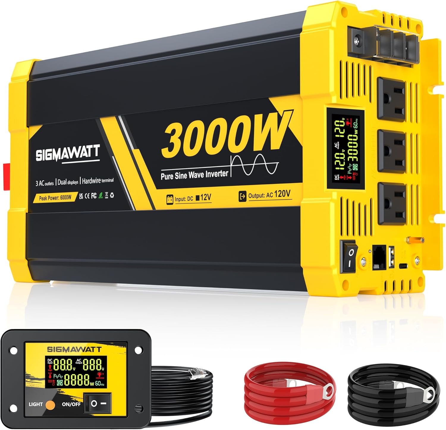 3000W Pure Sine Wave Inverter,12V DC to 120V AC–Heavy Duty Power Inverter for Off-Grid Solar Energy,RV&Home Backup,Dishwasher,Induction Cooker and Heater with Led Display and Remote Monitoring