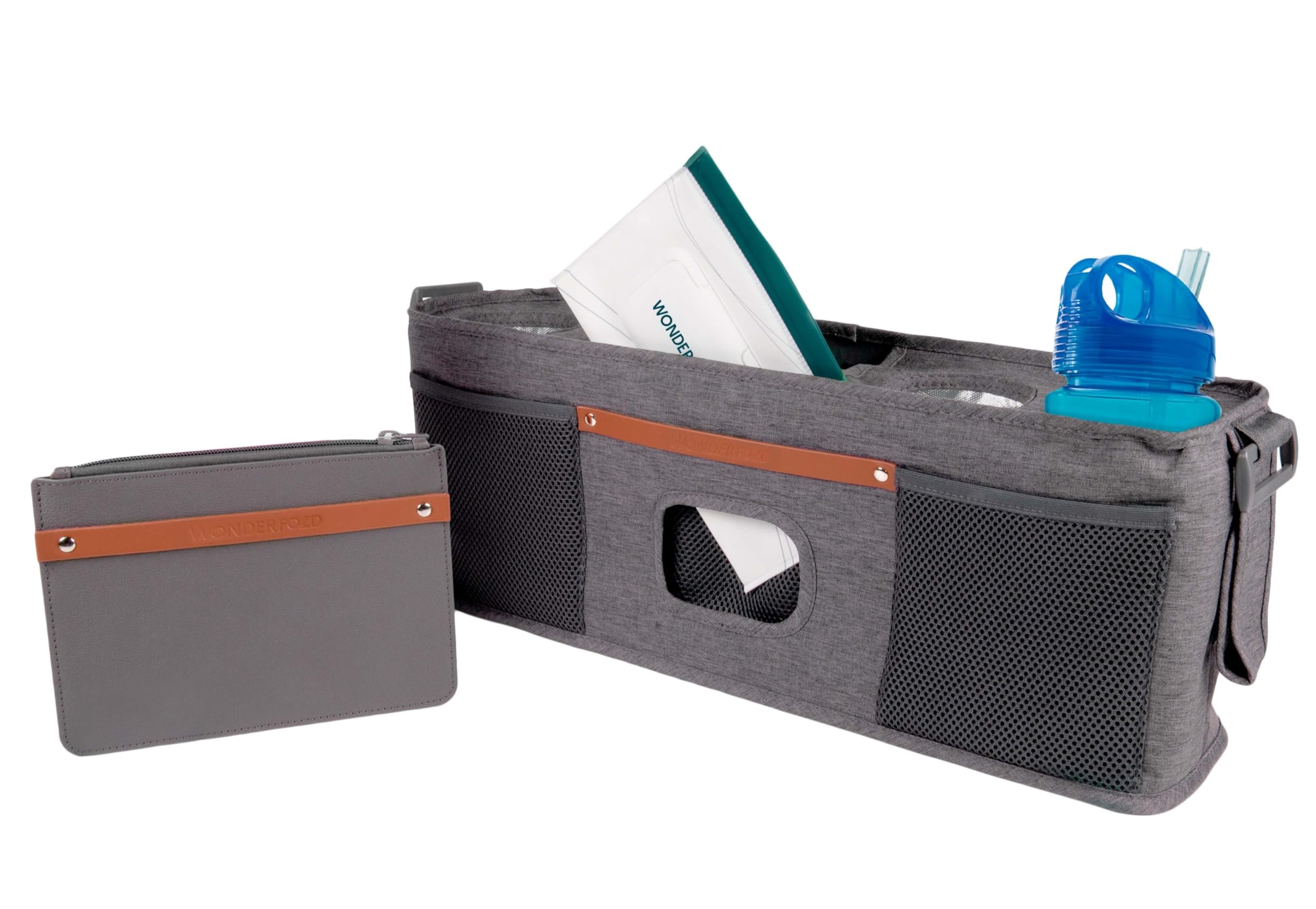 WONDERFOLD Universal Parent Console Stroller Organizer with Insulated Cup Holders, Hook &amp; Loop Closure Handle Attachment, 2 Storage Pockets, Removable Shoulder Strap for Easy Transport