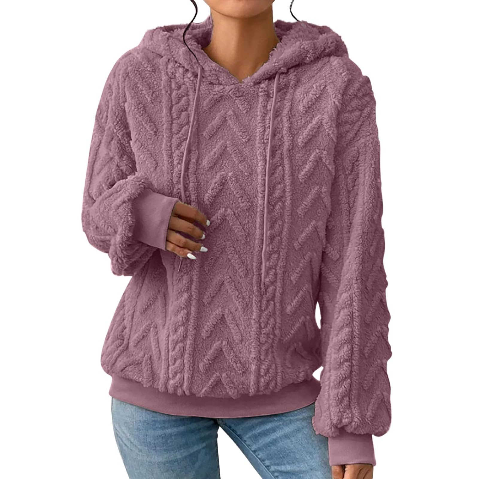 GenericWomen's Solid Plush Spliced Women's New Solid Hooded Thickened Jacquard Long Sleeve Sweater Coat Top Fleece Jacket Women White Zip Up Hoodie Nursery Teacher Gifts Womens Clothing Sale Clearance Uk