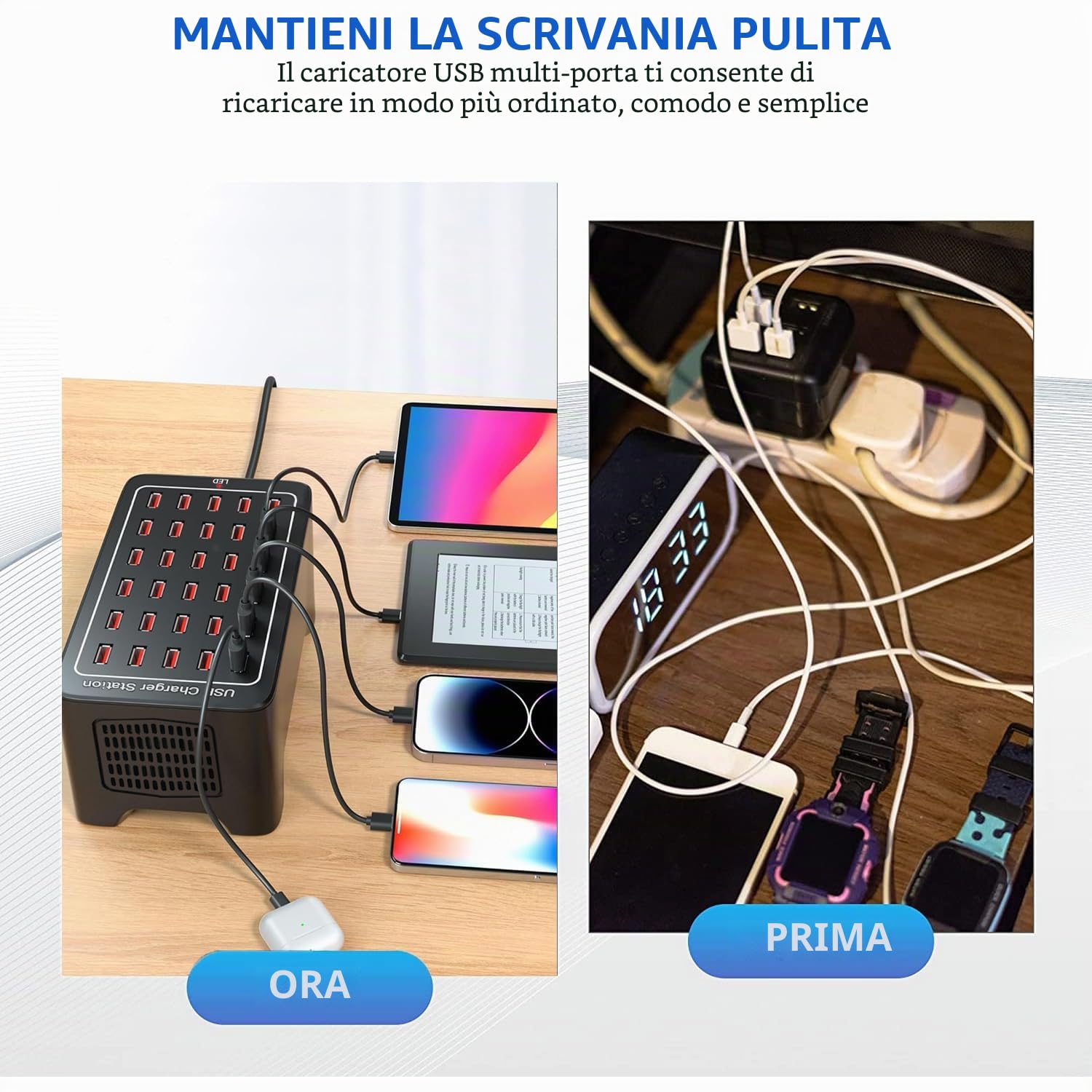 Caricatore USB a 30 Porte,150W/30A Caricatore intelligente USB, Hub di ricarica da tavolo 30 in 1, Della stazione di ricarica a più porte per Samsung/iPhone/iPad/Google Pixel/Tablet ed elettronica USB