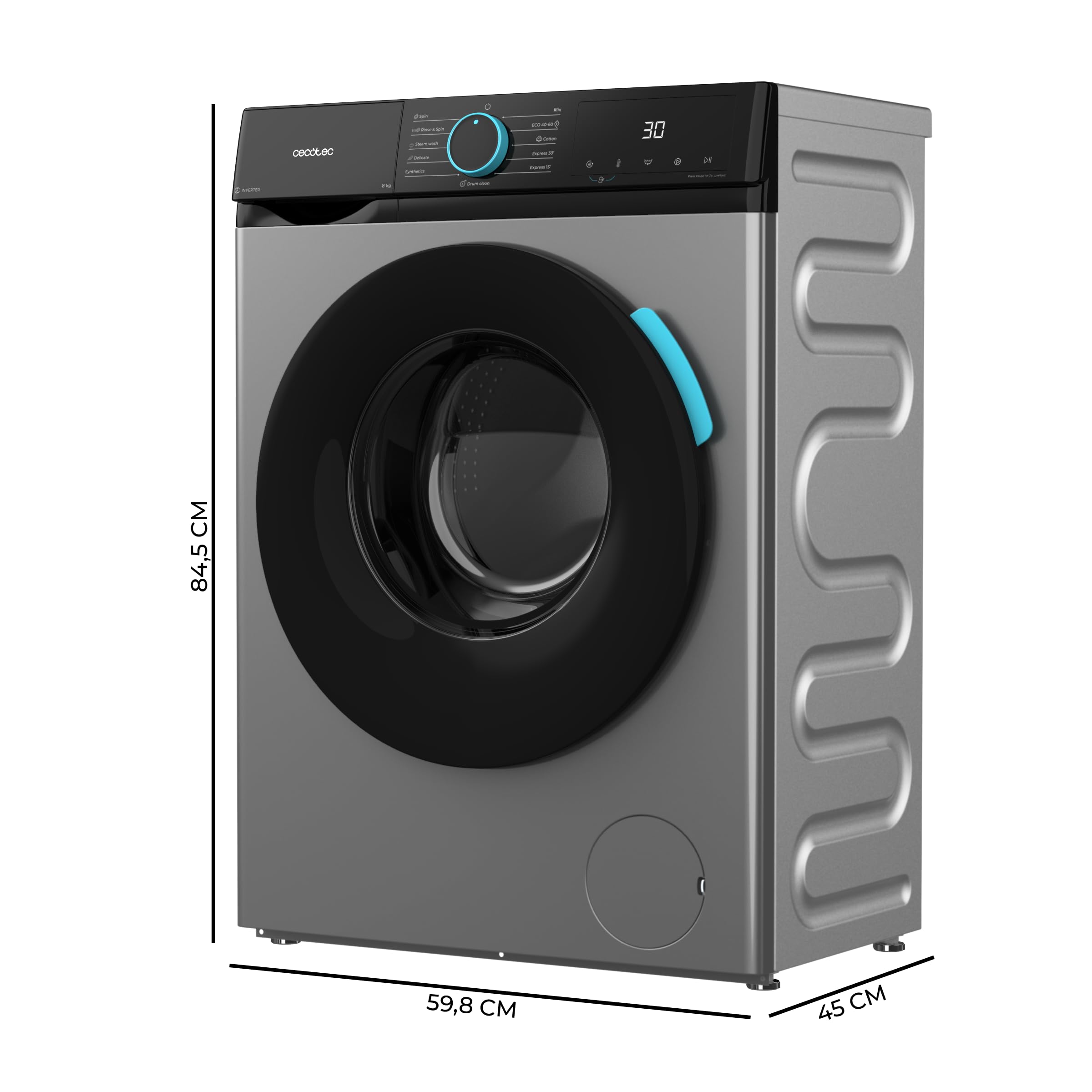 Cecotec Lavadora 8Kg Carga Frontal Bolero DressCode 8160 Inverter Steel | 1200rpm, 11 Programas, Clase A-20%, Bajo Consumo, Motor Inverter Plus, Steam Max, Drum Clean, Programa Rápido, Display LED