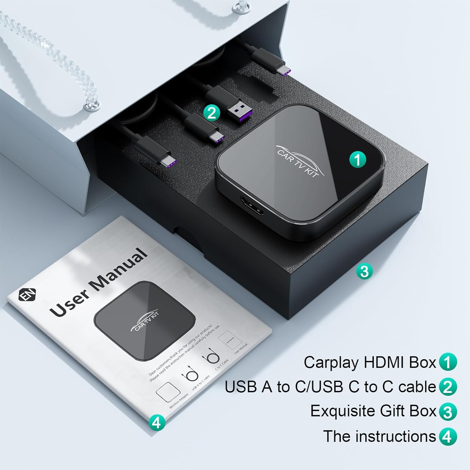 3 en 1 Car TV Mate Pro con Wireless CarPlay & Android Auto Adapter, Convertidor HDMI Multimedia TV Stick, Streaming de Fire T V/Consola/Youtube/Netflix en el Coche para CarPlay con Cable