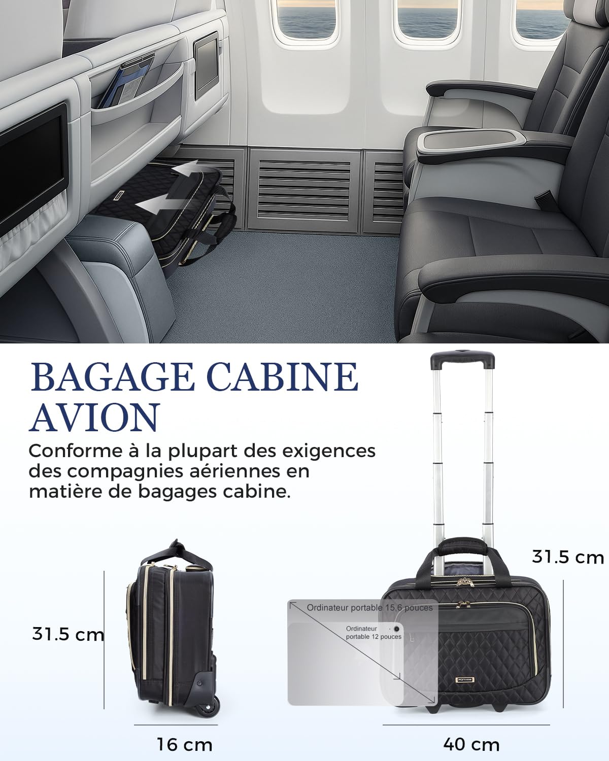 Ponhog Sacoche à roulettes pour Ordinateur Portable 15,6 Pouces, Business Trolley Sac de Voyage Femme Souple pour Affaires et Loisirs Les Voyages, Le Travail et l'école, Noire
