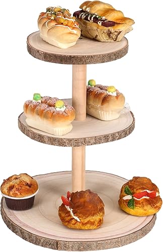 Miniatura 6 de Soporte de torre de 3 niveles para cupcakes, rústico, redondo, de madera, para postres y pasteles, para boda, cumpleaños, graduación, fiesta de té