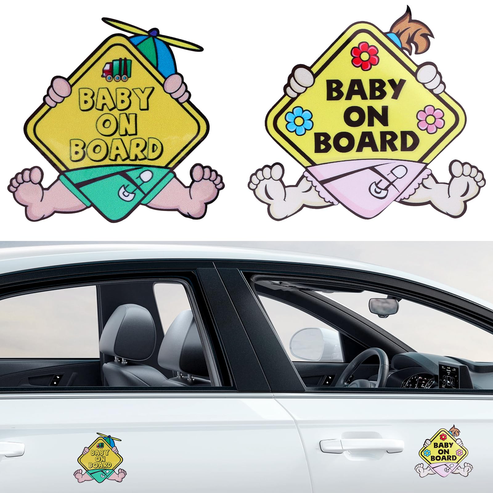 Bwetomk 2Pcs Baby On Board Sign for Car, Baby on Board Car Warning, Baby on Board Badge, Self-Adhesive Vinyl Car Stickers, Better Then Suction Cup, Easy to Apply & Remove, Ultra Durable Weatherproof