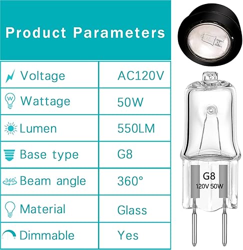 Miniatura 3 de Bombillas halógenas G8 50 W 120 V xenón debajo del gabinete de repuesto de iluminación G8 Base 2Pin T4 JCD tipo blanco cálido, paquete de 10