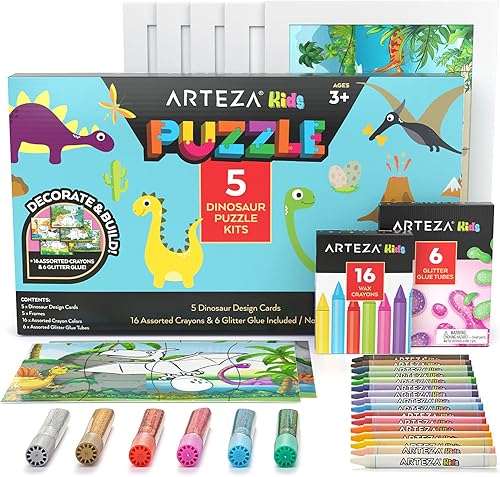 Arteza Kids Kit de rompecabezas para colorear, 5 rompecabezas de dinosaurios, 16 crayones y 6 tubos de pegamento con purpurina, 5 marcos,