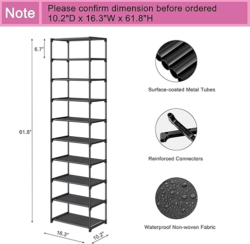 Miniatura 3 de Zapatero de 10 niveles alto, soporte compacto y estrecho de tela no tejida, organizador de almacenamiento vertical para ahorrar espacio pequeño para