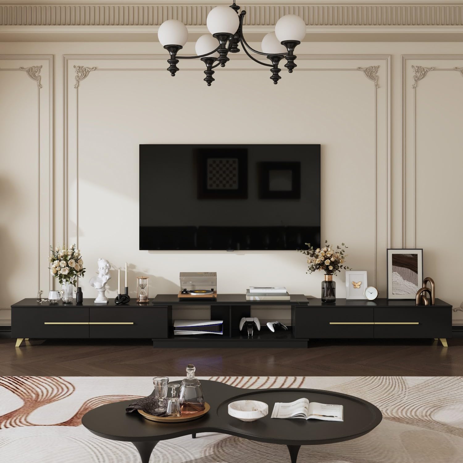 FAMAPY Modern TV Console Extendable Media Console, Adjustable Length, Contemporary Entertainment Center with Drawers and Legs, for Living Room Black