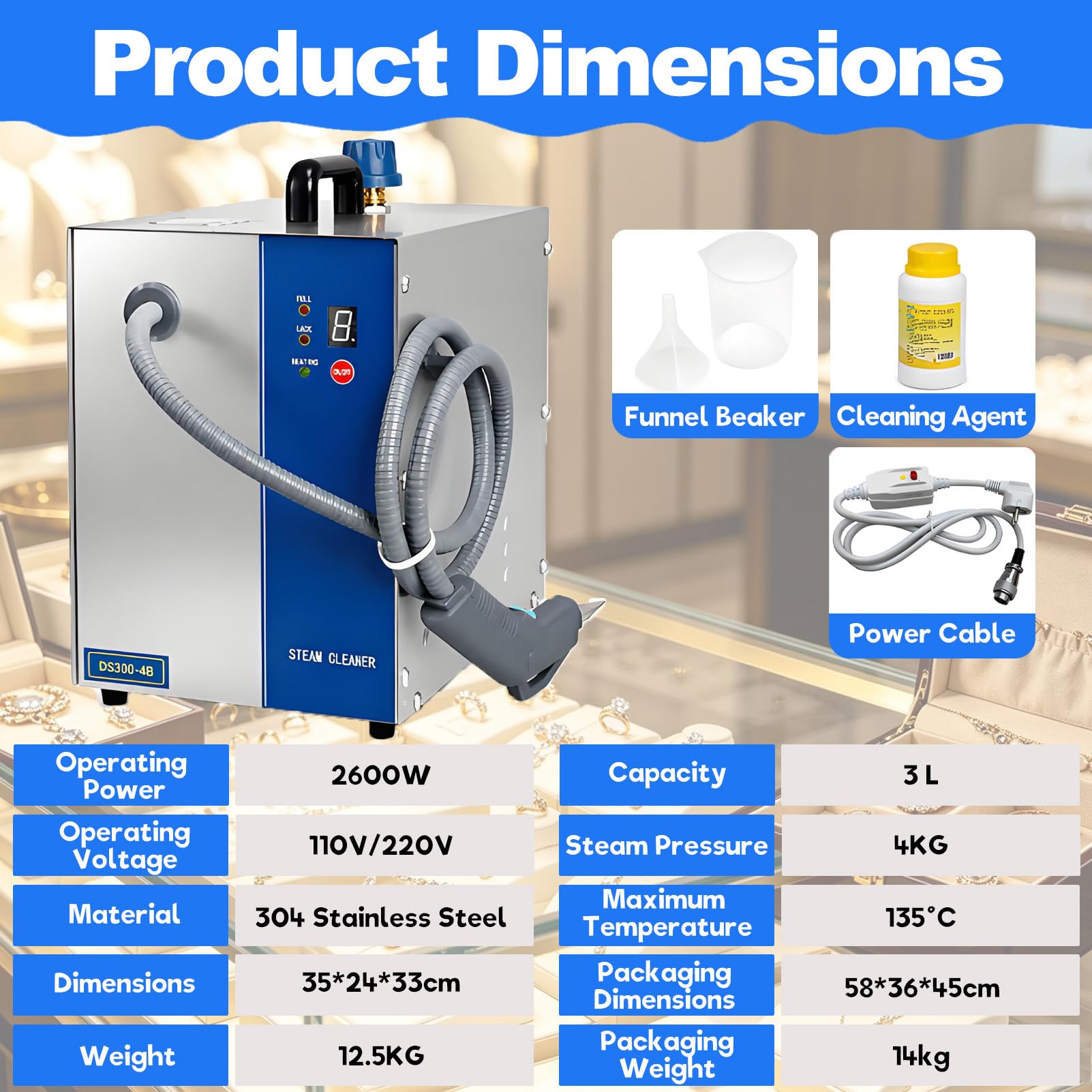 Limpiador a Vapor para Joyas, Alta presión a 135 °C, Limpiador eléctrico Profesional, para Anillos, Pendientes, Collares, Gafas, Relojes, Monedas y dentaduras postizas. 3LHandheld