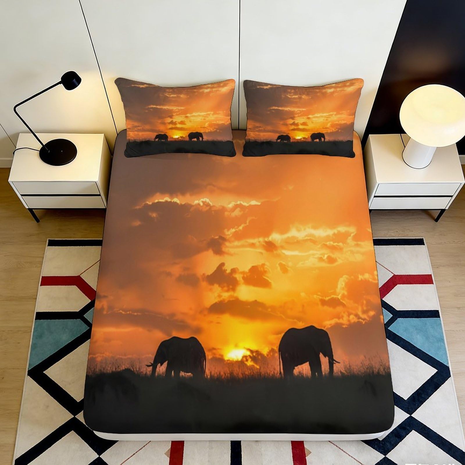 3D Printed African Sunset Fitted Sheet Microfiber Soft Breathable Elephant Silhouette Bed Cover for Bedroom Dormitory Guest Room Protection Decor 180x200x25cm