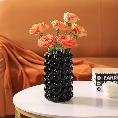 Miniatura 4 de Jarrón de burbujas negro, jarrón de cerámica negra para flores, jarrones altos de cerámica para decoración bohemia, jarrones modernos para sala de