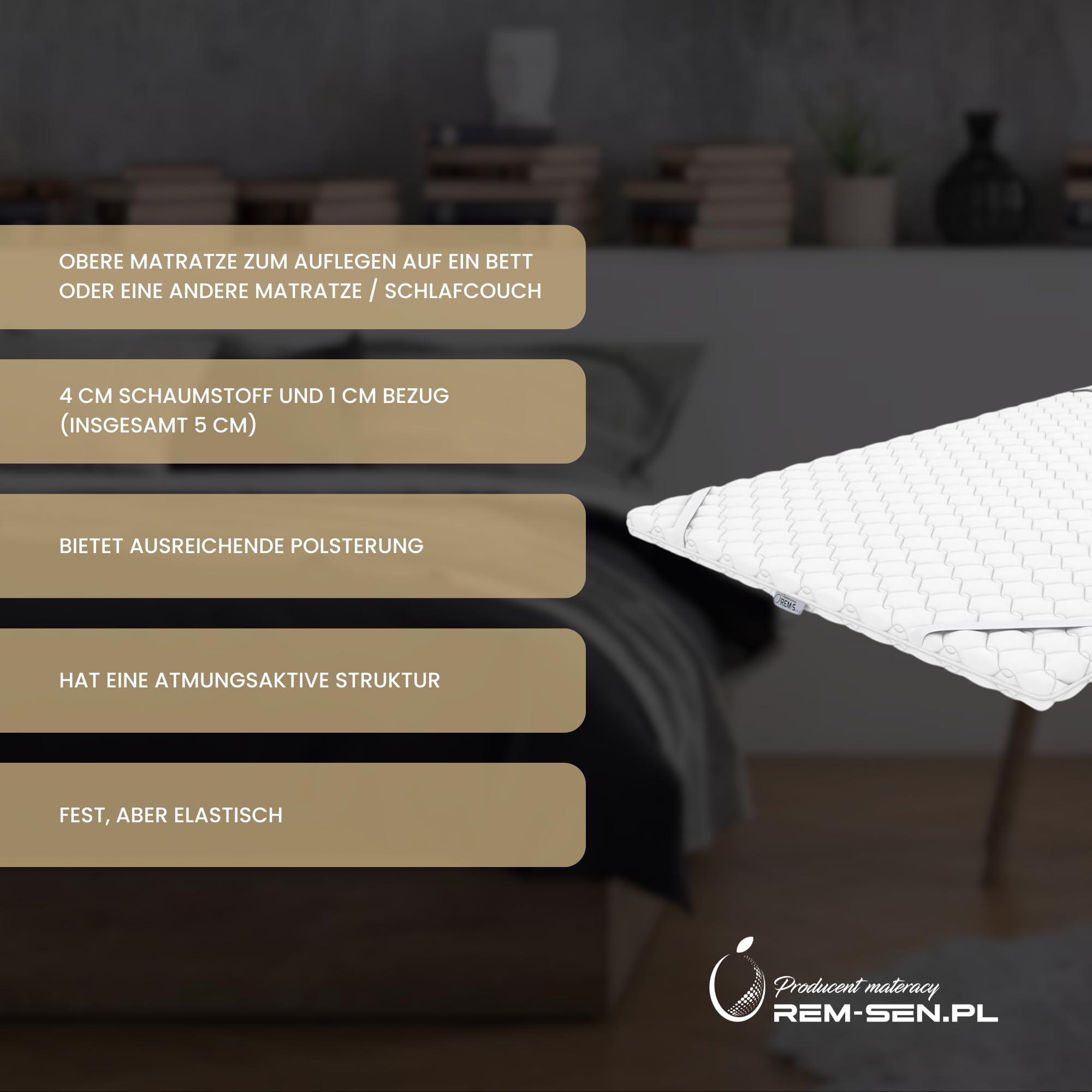 REM-SEN Matratzen Topper Matratzentopper 90x200 cm Höhe 5cm Härtegrad 3 (H3) Mattress Topper aus mittelfeste Polyurethanschaum, Dreilagige Membranhülle, Für Sofa oder jeden Platz, Öko-Tex Zertifiziert