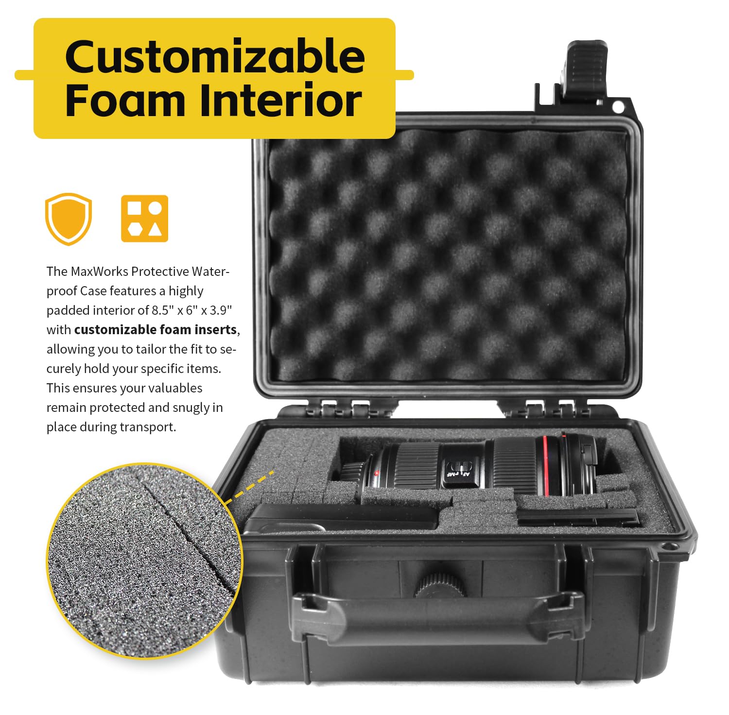 MaxWorks 51015 - Custodia rigida impermeabile IP67 per fotocamera, multiuso, interno in schiuma, 21,6 x 15,2 x 9,9 cm, interno nero, esterno 23,1 x 19,3 x 11,2 cm, Nero, Custodia rigida impermeabile