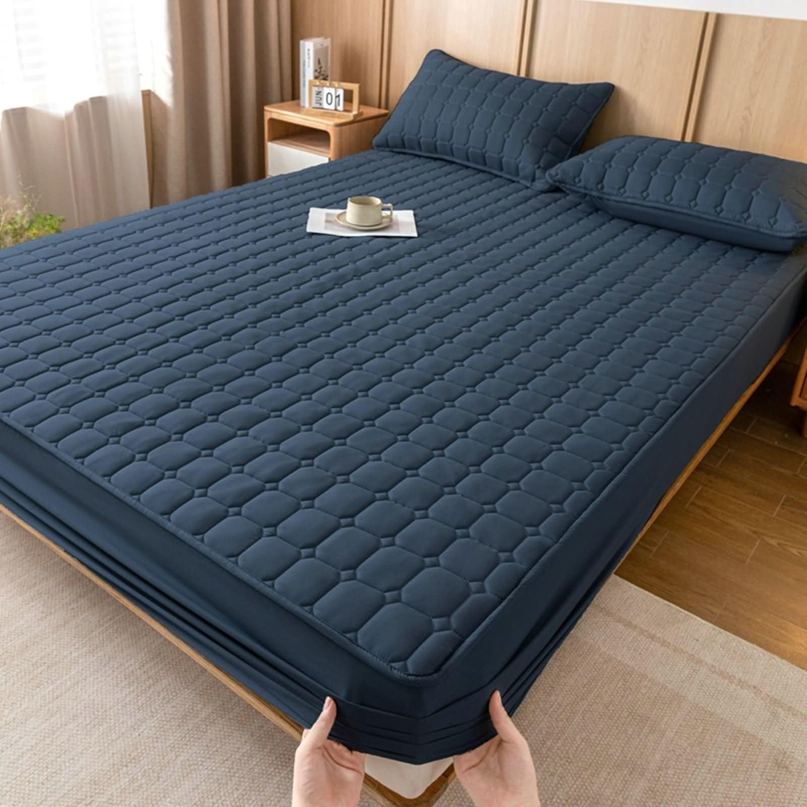 Elastisches Spannbettlaken Doppelbett aus Gewaschene Baumwolle, Einfarbig mit Geometrisch, 150 x 200 x 28 cm, Spannbettlaken Doppelbett Blau Marine