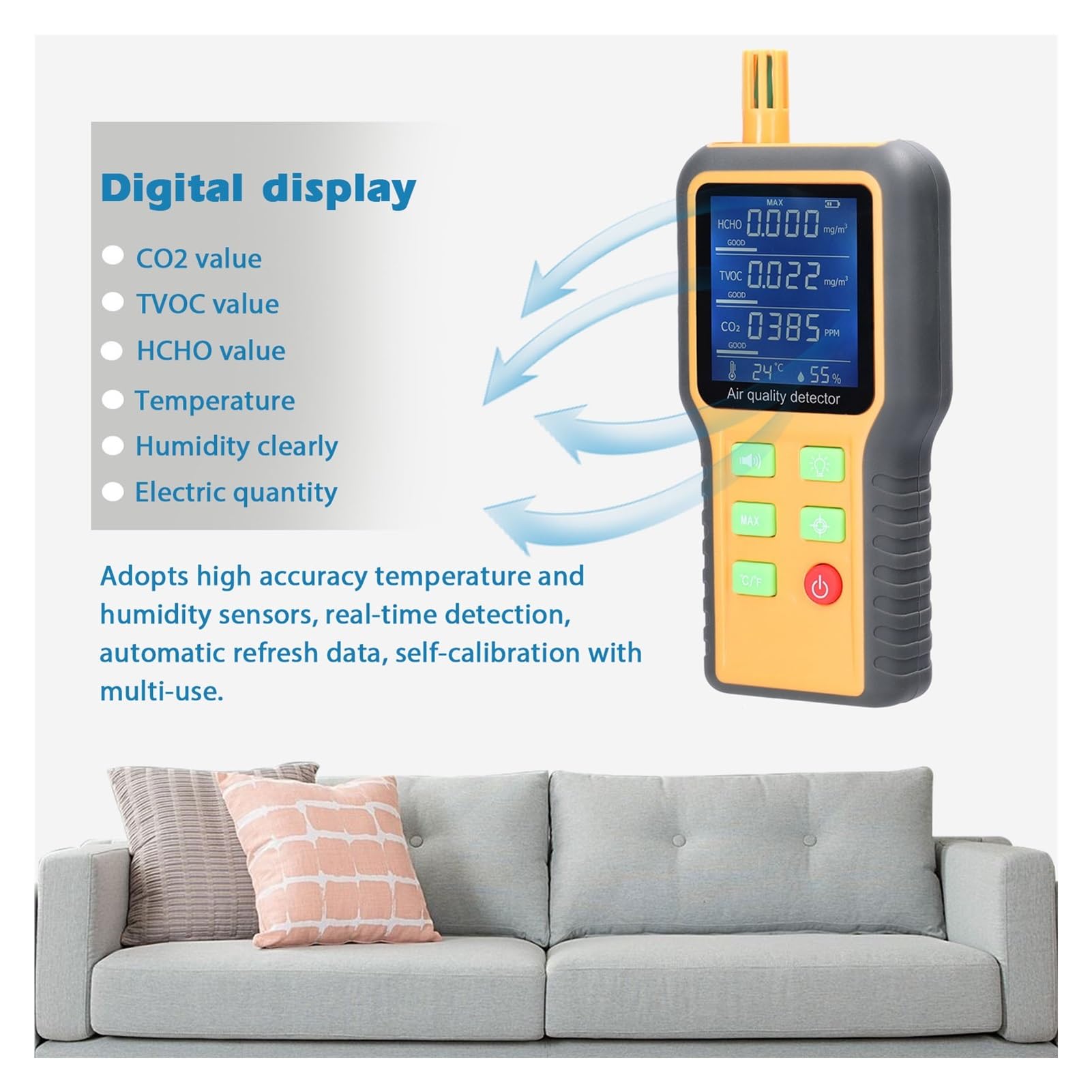Misuratore Qualità dell'aria, 5 In 1 Monitor portatile a qualità 'aria CO2 TVOC HCHO Tester Misuratore di umidità a temperatura Display LCD retroilluminato Rilevatore di anidride carbonica per Casa Cu
