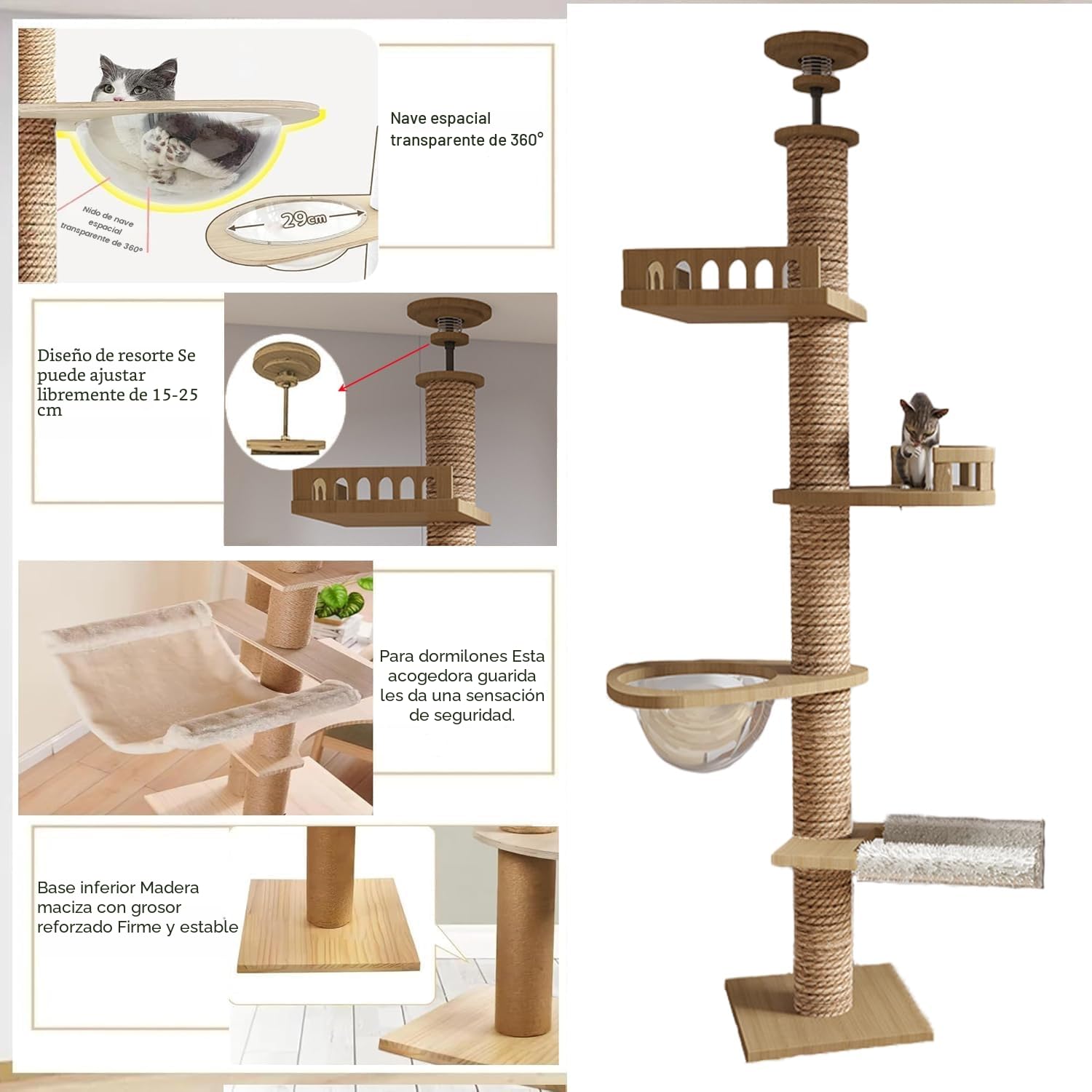MD Rascador de Techo, cápsula Espacial, Hamaca para Gatos, Completamente Envuelta con Cuerda de sisal, Ancho de 11 cm, árbol rascador de Altura (240~250 cm, 265-275 cm T04), árbol Alto para Gatos