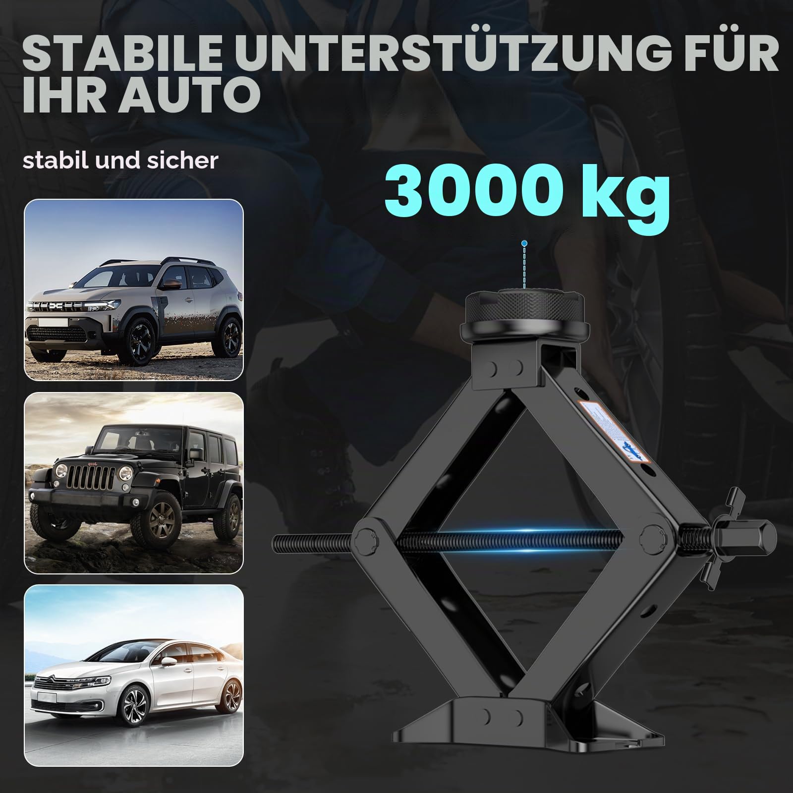 Scherenwagenheber 3t mit Ratsche & Gummiauflage Kratzfest, Inkl. Praktischer Tragetasche– Robuster Wagenheber aus Verstärktem Stahl, Geeignet für Alle PKW, SUV & MPV, Reifenwechsel-Set