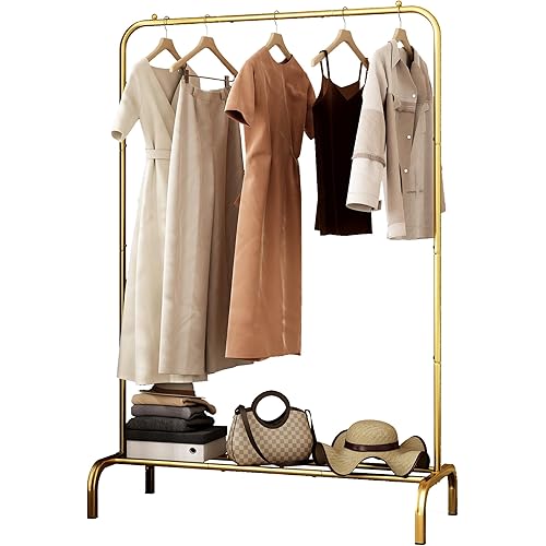 SUOERNUO Garment Rack for Hanging Clothes Rack Heavy Duty Portable with Bottom Metal Shelf Drying Coats Shirt (Gold)