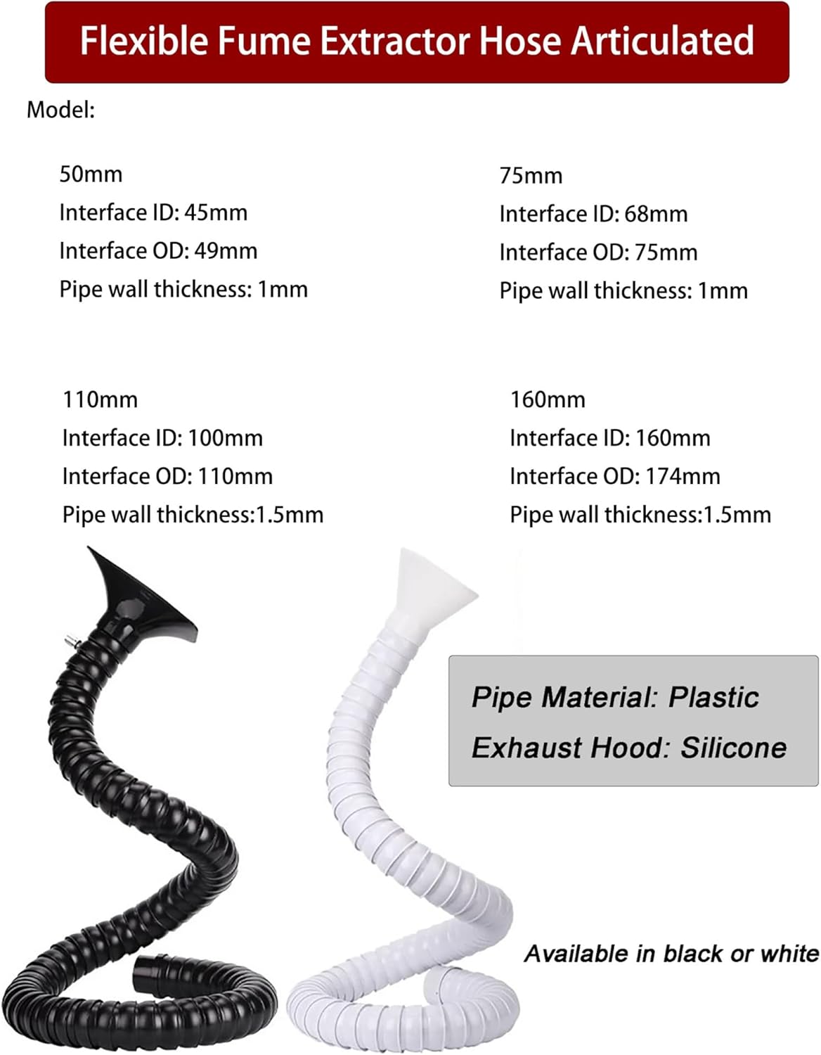 360° Adjustable Fume Extractor Arm with Suction Hood, Industrial Dust Collection Exhaust Hose, Self Supporting Ventilation Tube(75mm-1 meters)