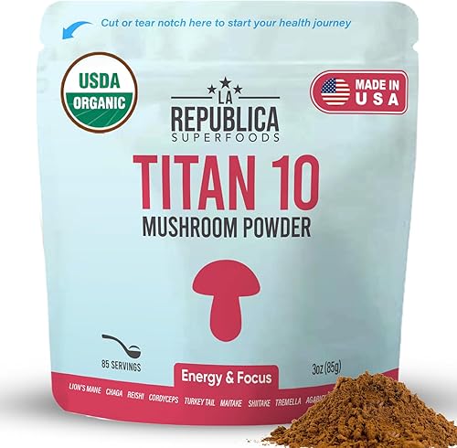 La Republica Titan 10 - Polvo orgánico de hongos para concentración, inmunidad, energía, salud intestinal y piel (85 porciones, 3 onzas)