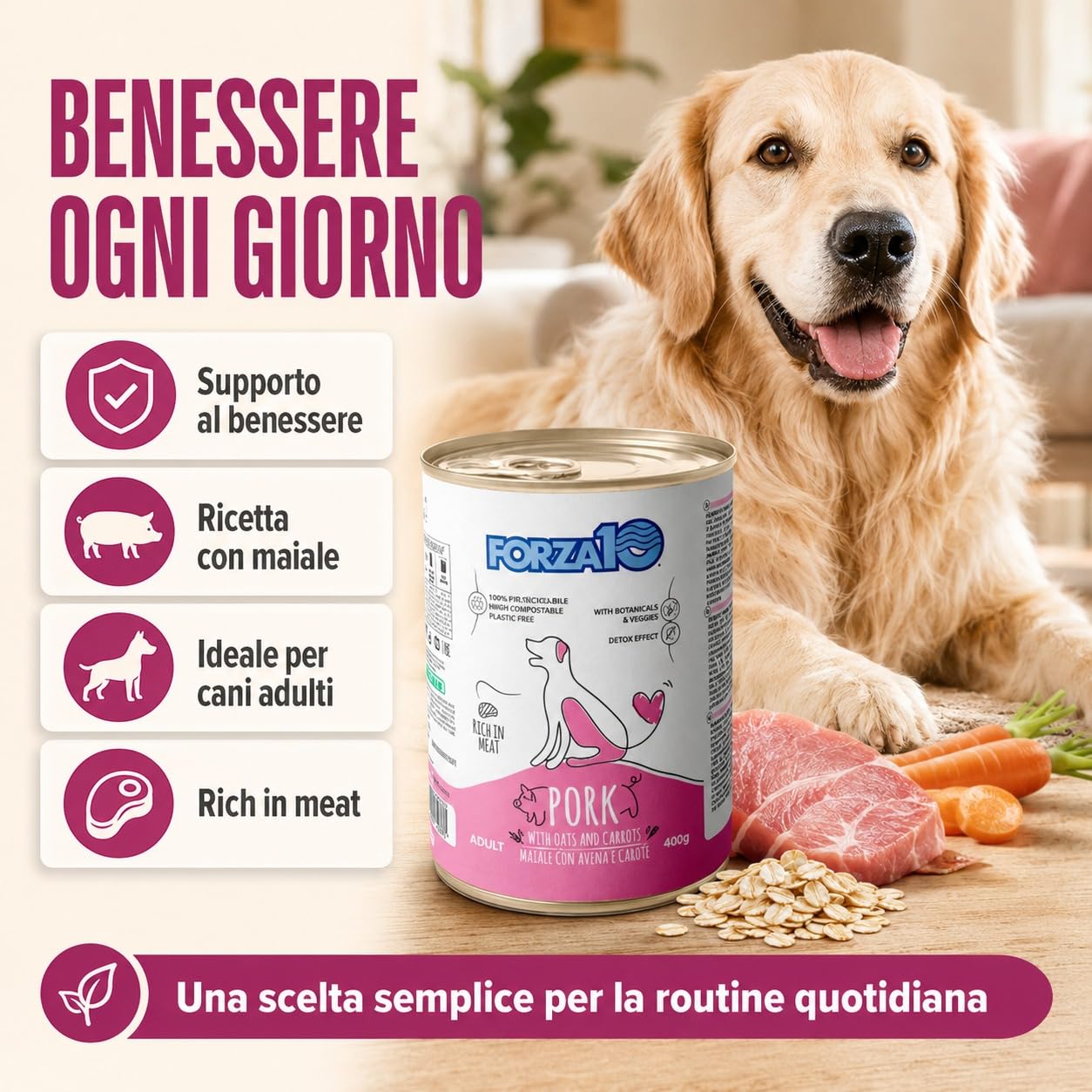 Maiale,Avena e Carote – Forza10 Cibo Umido per Cani Adulti di tutte le Taglie e Razze, Monoproteico, 12 Lattine x 400g, Alimento Completo Ricco in Carne.