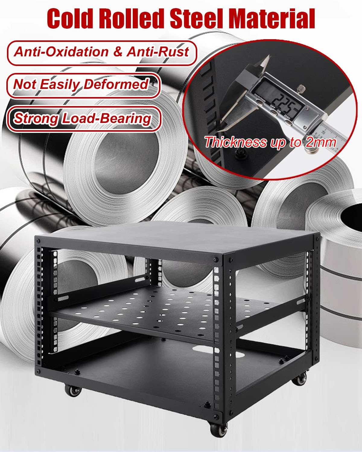 Vibeo Rack di Rete a Telaio Aperto Scaffale Mobile per Server a Telaio Aperto con Ruote, Rack di Rete per Ufficio/casa, Rack per Dispositivi Audio Regolabile 6U 8U 10U 12U 15U 20U(5U)