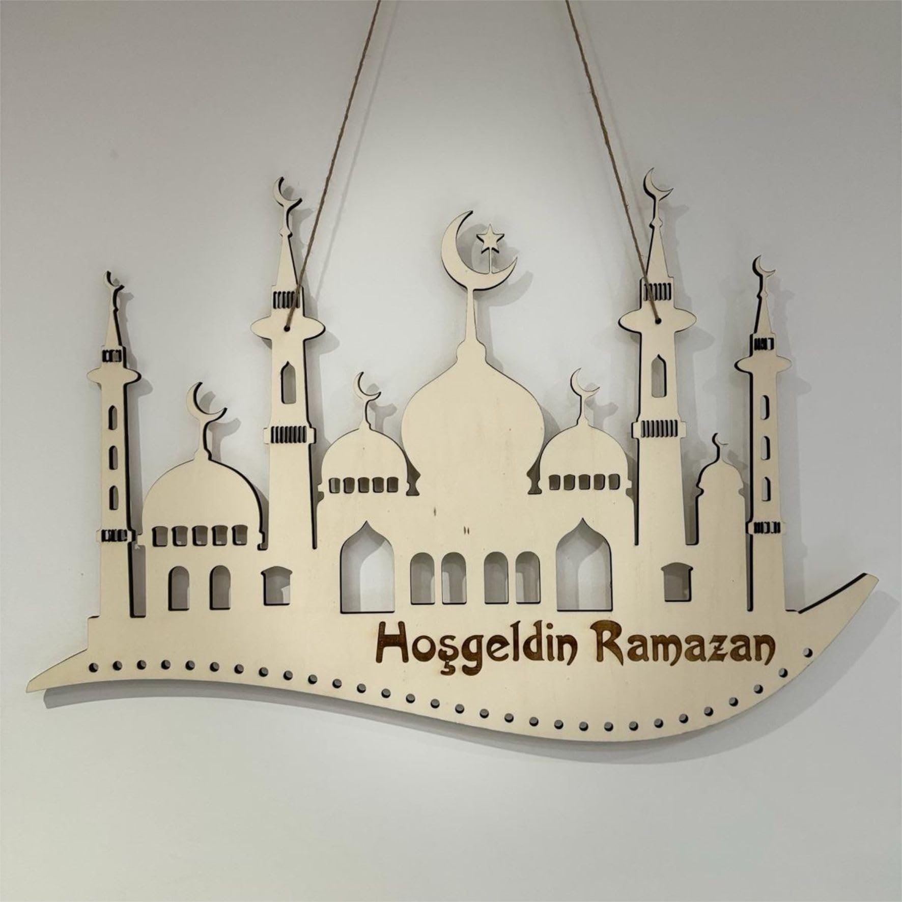 Hosgeldin Ramazan, calendario Ramadan Eid Mubarak, decorazione in legno, regalo per bambini (45 x 30 cm, con sacchetto)