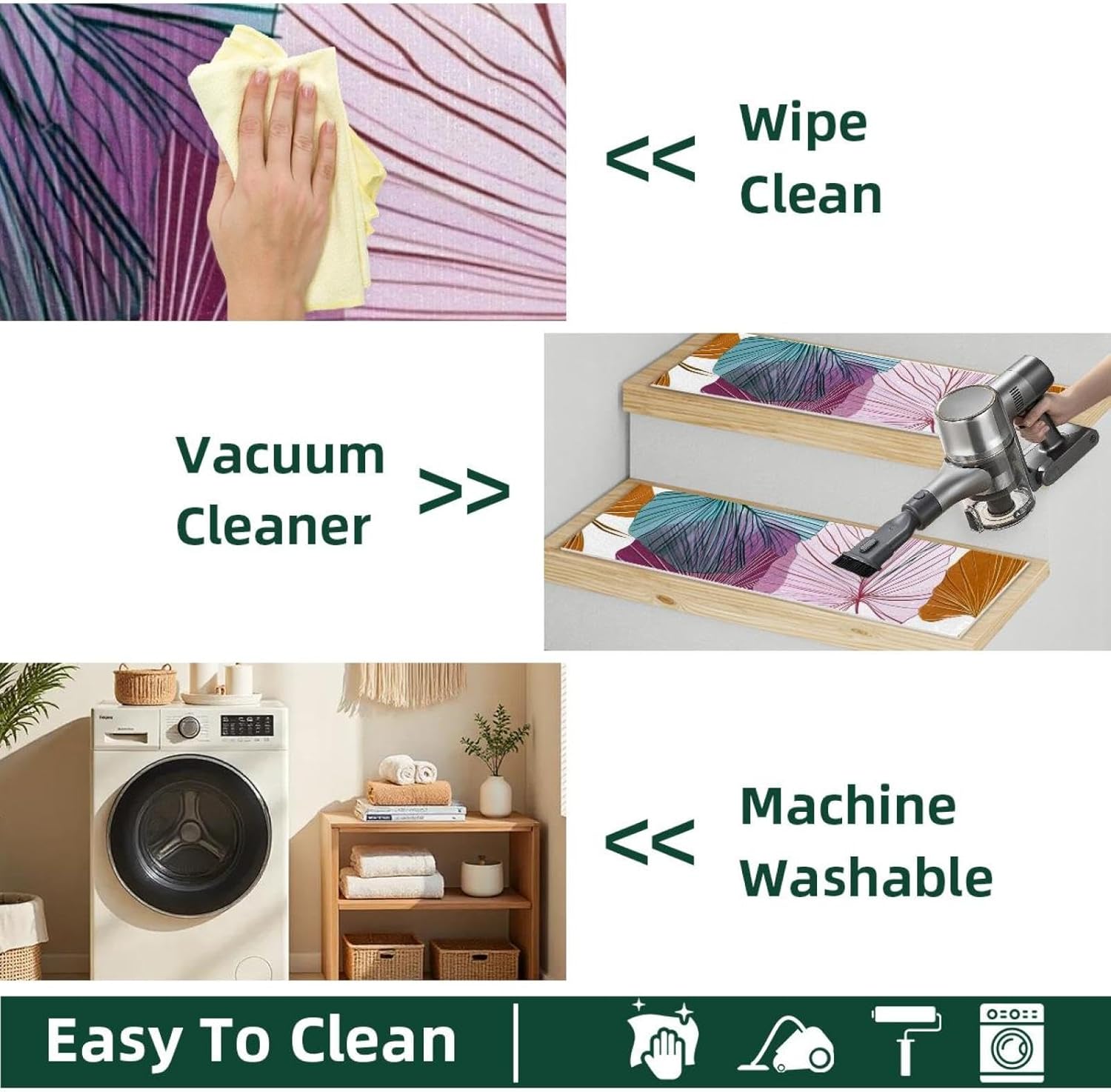 Abstract Floral Palm Leaves (3) Carpet Stair Treads for Wooden Steps Indoor, 15 Pack Slip Resistant Stair Rug Staircase Step Treads Pads for Pet, Kids and Elderly