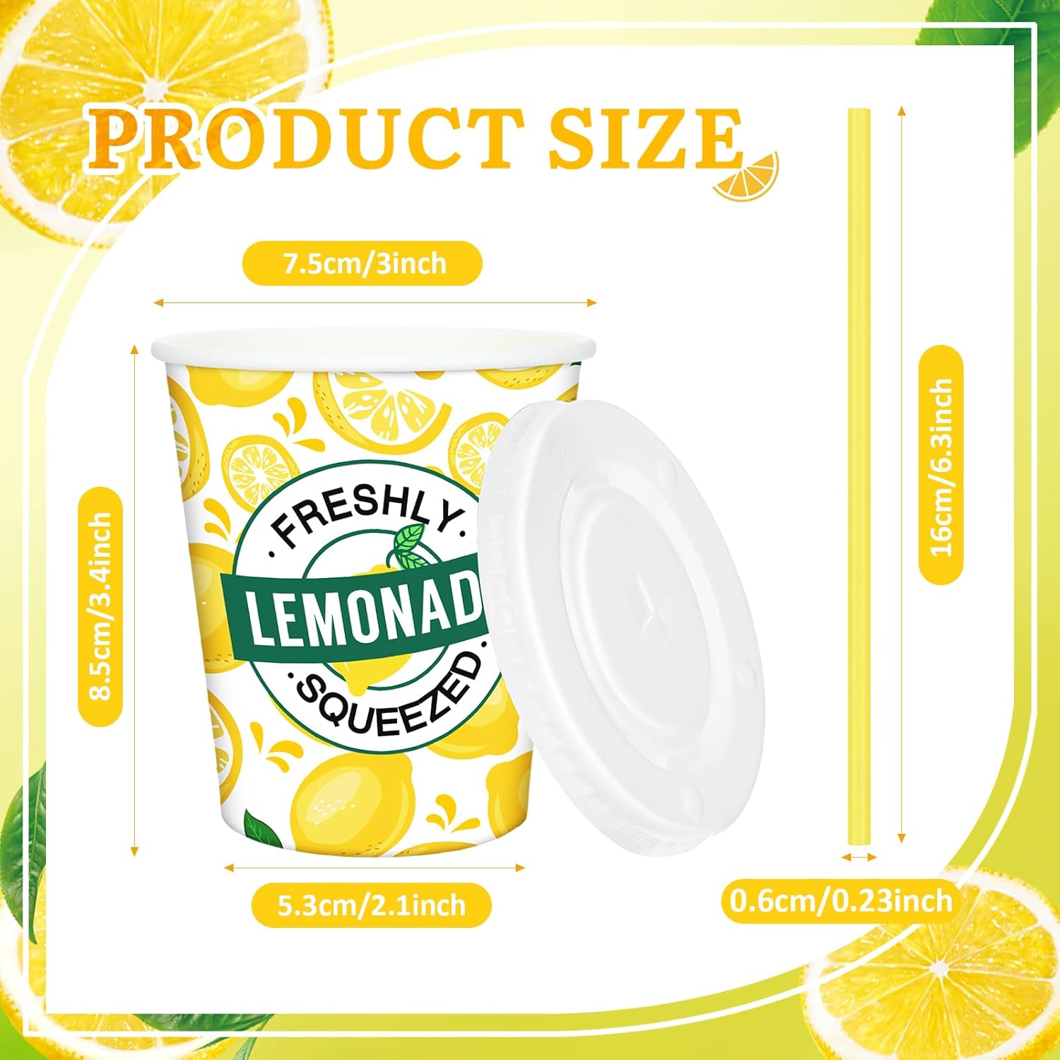 Meanplan 300 Pieces/100 Sets Lemonade Cups with Lids and Straws Disposable Cups for Party Decorative Lemon Paper Cup Lemonade Stand Supplies for Water Juice Kitchen Coffee Birthday Decorations (9 oz)