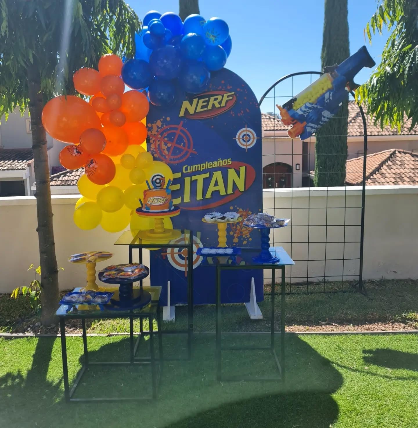 Blue Orange Yellow Balloon Arch Garland Kit Boys Ready Aim Shoot Dart Gun Birthday Battle Zone Target Theme Party Decorations (Blue Orange)