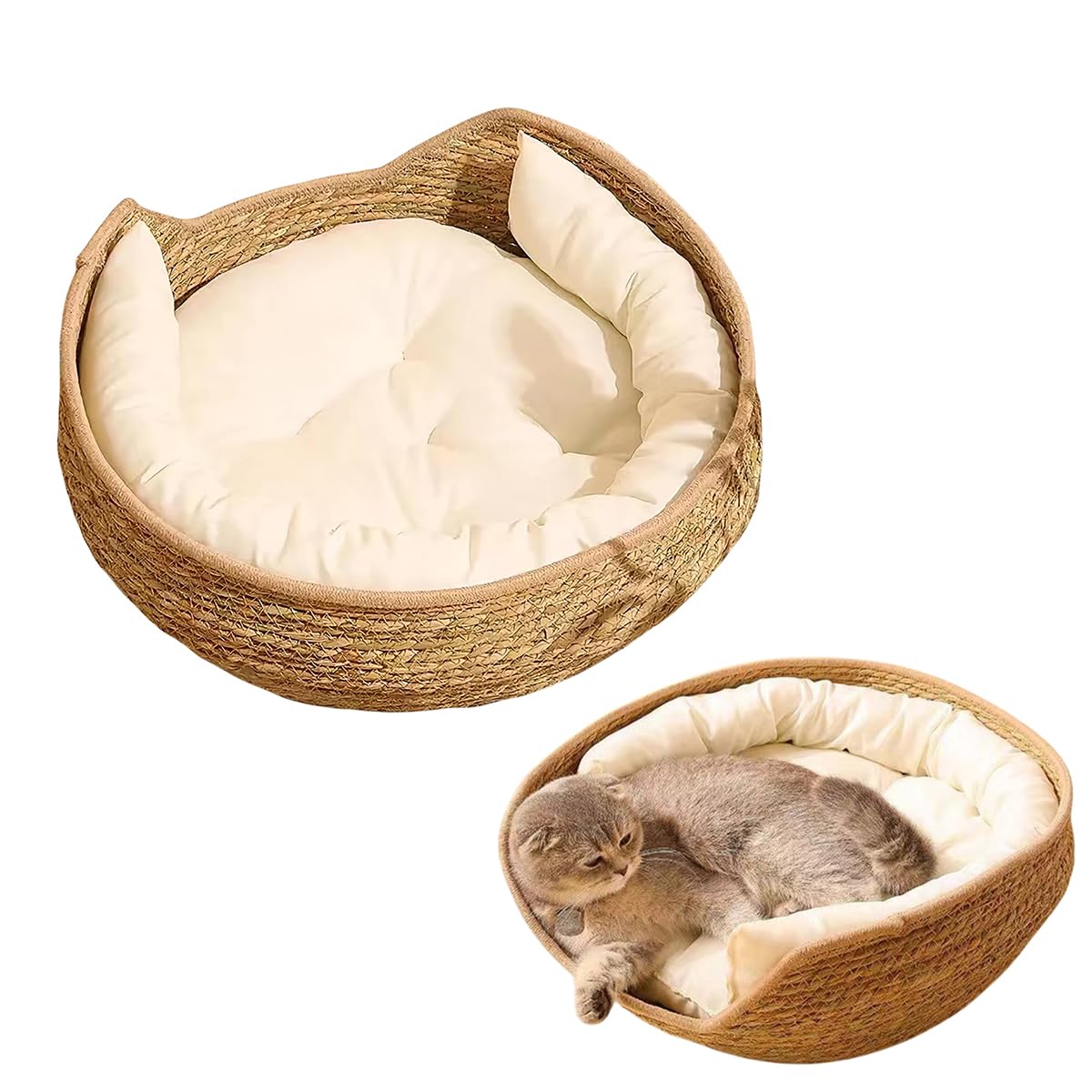 Rattan Woven Cat Bed, Round Wicker Basket with Removable Washable Cushion, 4 Seasons Indoor Use