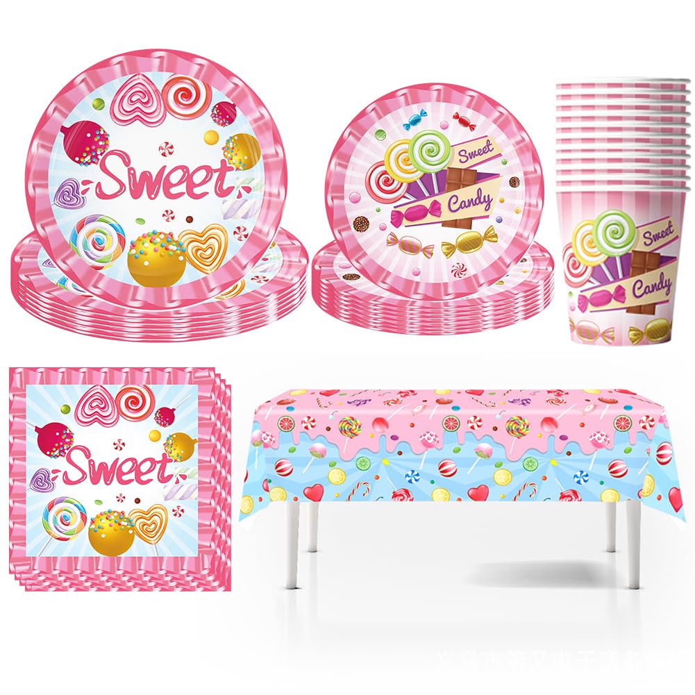 Set di Stoviglie per Feste 51 Pezzi Set di Posate per Piatti Caramelle Party Piatti Tovaglioli Tovaglia Decorazione per Feste di Compleanno per Bambini Compleanno Caramelle Decorazione a Tema