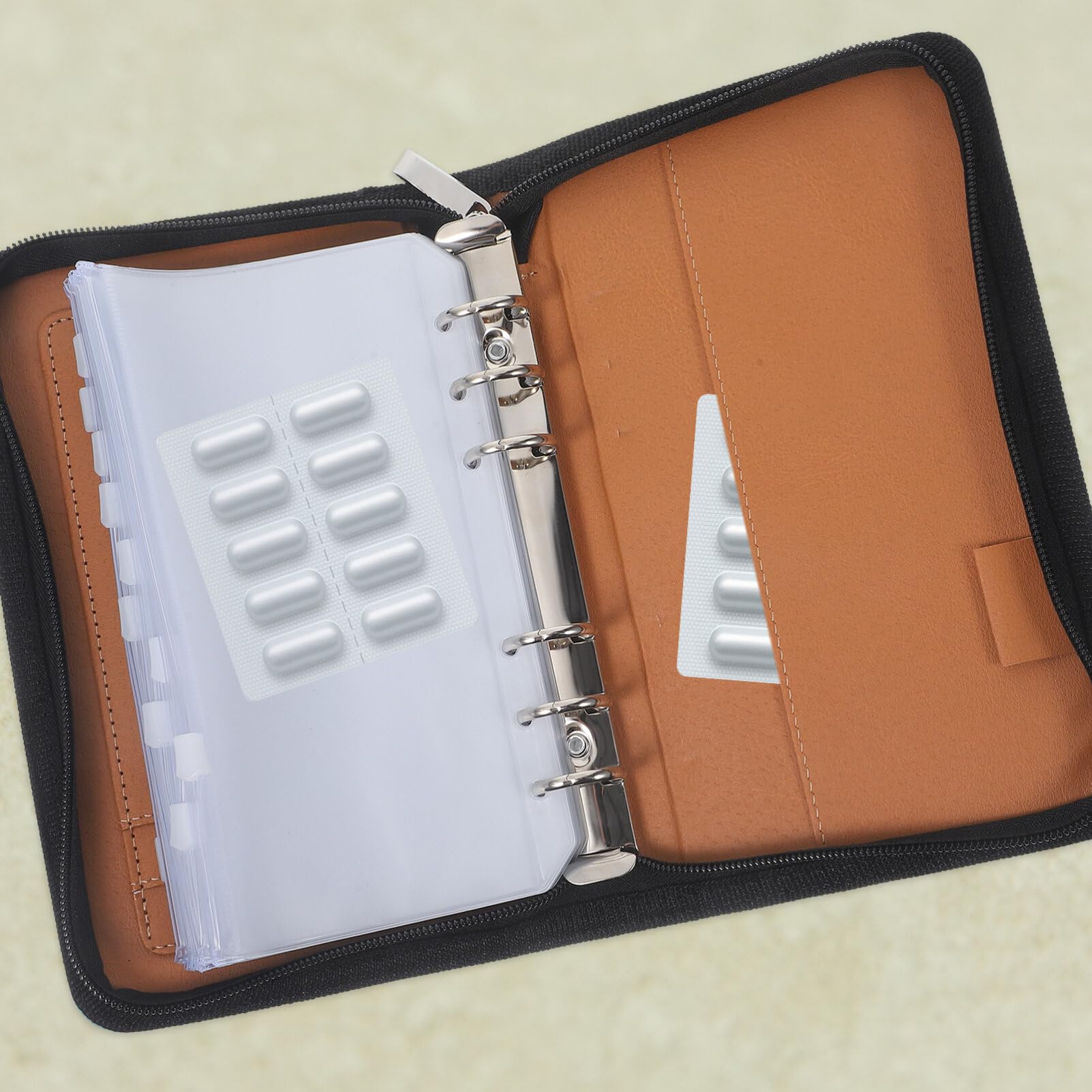SOLUSTRE Pill Organizer Bag Pill Loose Leaf Storage Book with 6 Pcs Pill Pouches and Labels Portable Waterproof Medicine Organizer for Travel