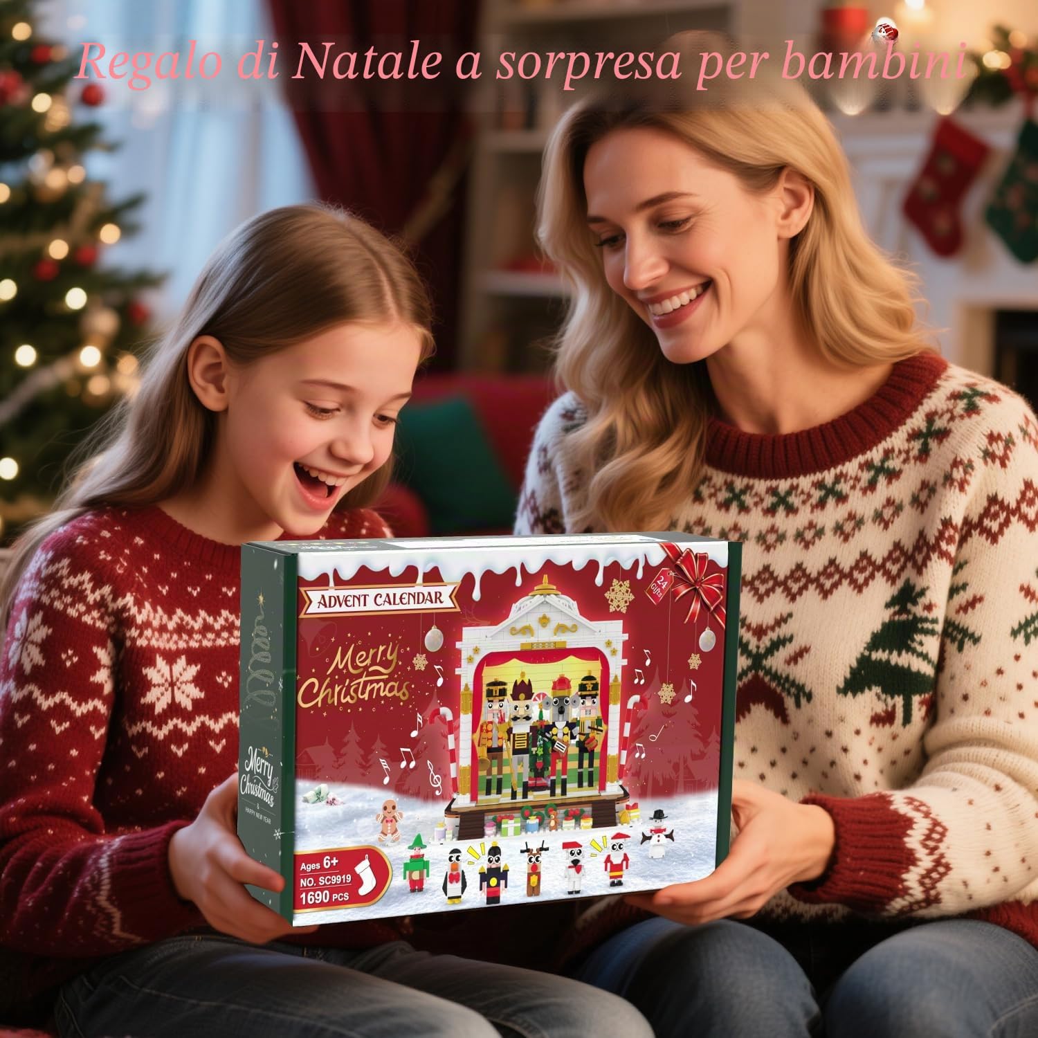 HOGOKIDS Calendario dell’Avvento 2025 Teatro di Natale con Luci, 24 Giorni di Conto alla Rovescia, Blocchi Mini 3,6 cm con 4 Figurine da Natale & 8 Minifigure, Regalo per Adulti Ragazzi Ragazze 10+