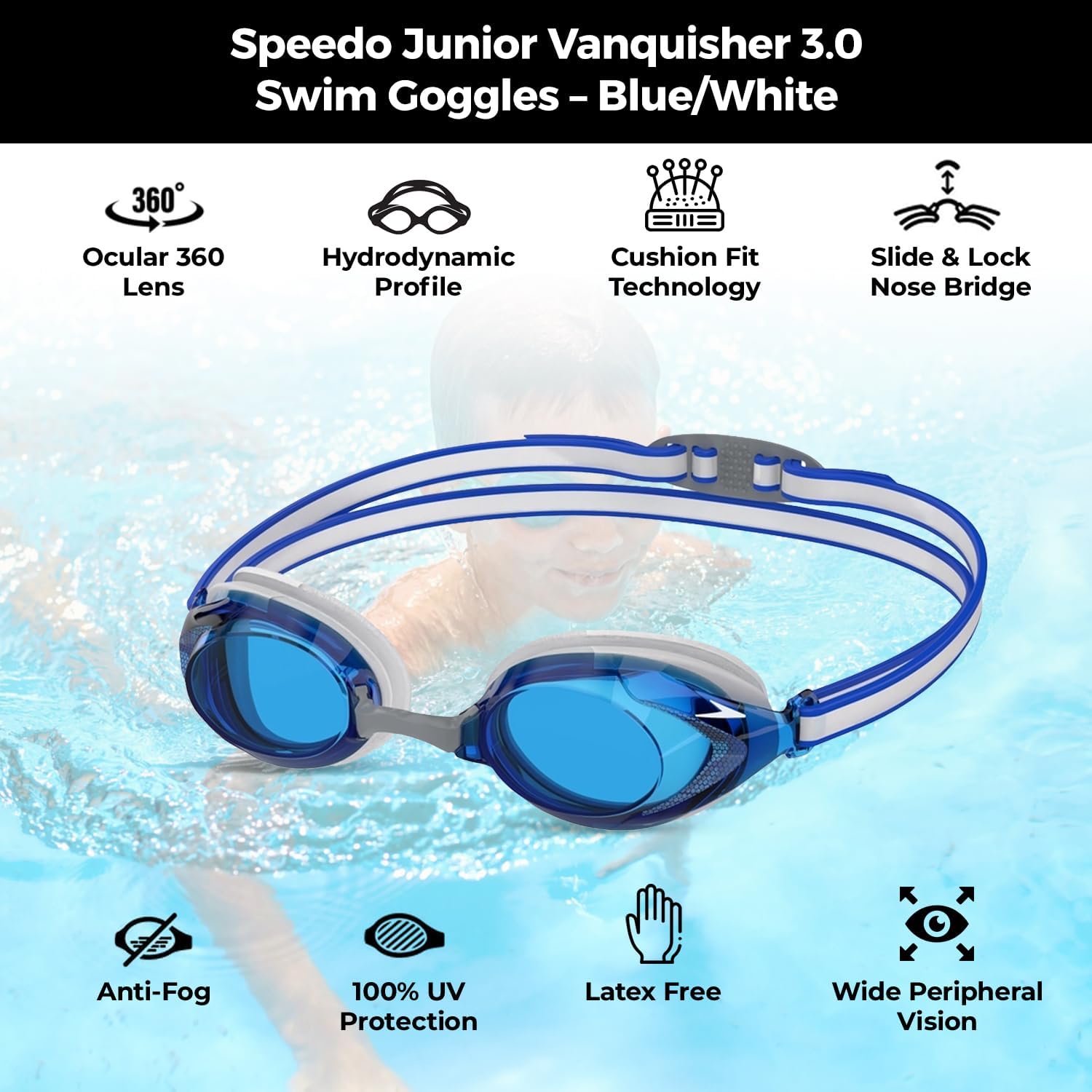 Speedo Junior Vanquisher 3.0 Swim Goggles - Blue/White | Youth Swimming Goggles with Clear Lenses, Anti-Fog, UV Protection, Comfortable Fit