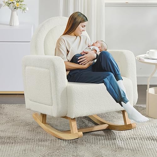 Miniatura 3 de Mecedora tapizada para guardería, con cojín de cojín, cómoda y suave, con patas de madera de goma maciza para dormitorio, sala de estar, sala de