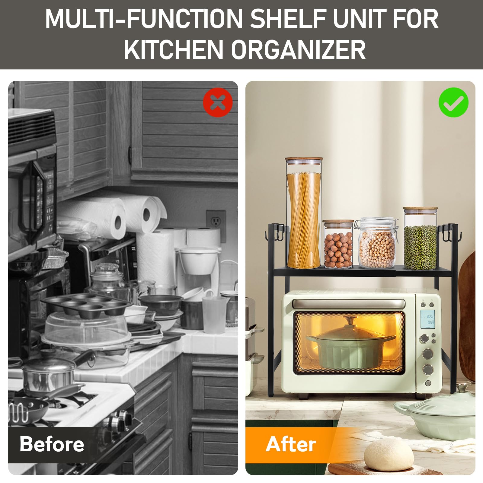 Ripiano Microonde Allungabile 2 Livelli Con 6 Ganci - Nero, 40-64cm, Organizzazione Cucina - Foto 8