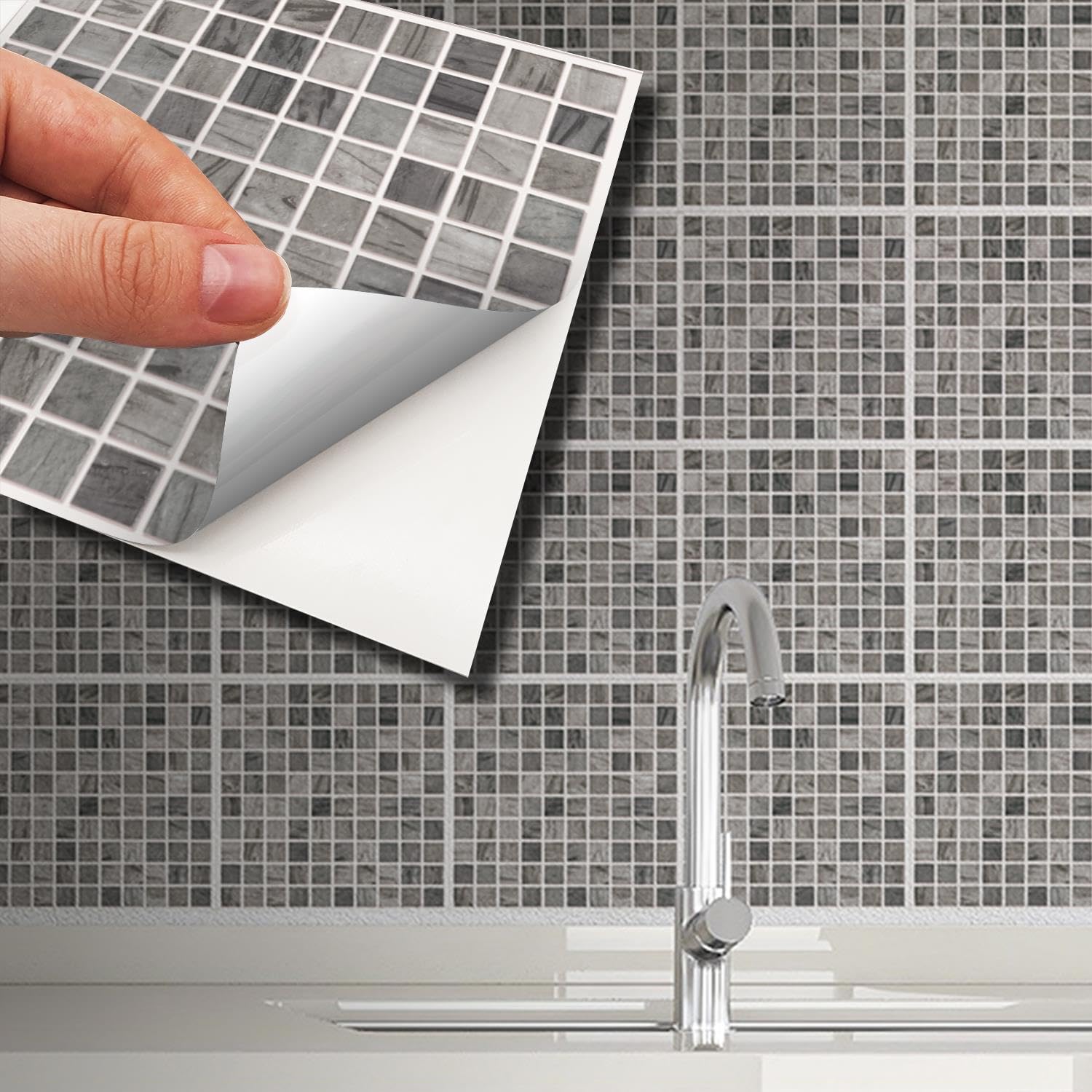 WALPLUS 15cm(6") 96 Pieces Picasso Grey Marble Mosaic Wall Tile Sticker Set Peel and Stick Backsplash Decals Vinyl Home Decors Splashback for Kitchen Bathroom Tile Paint Stick on Wall